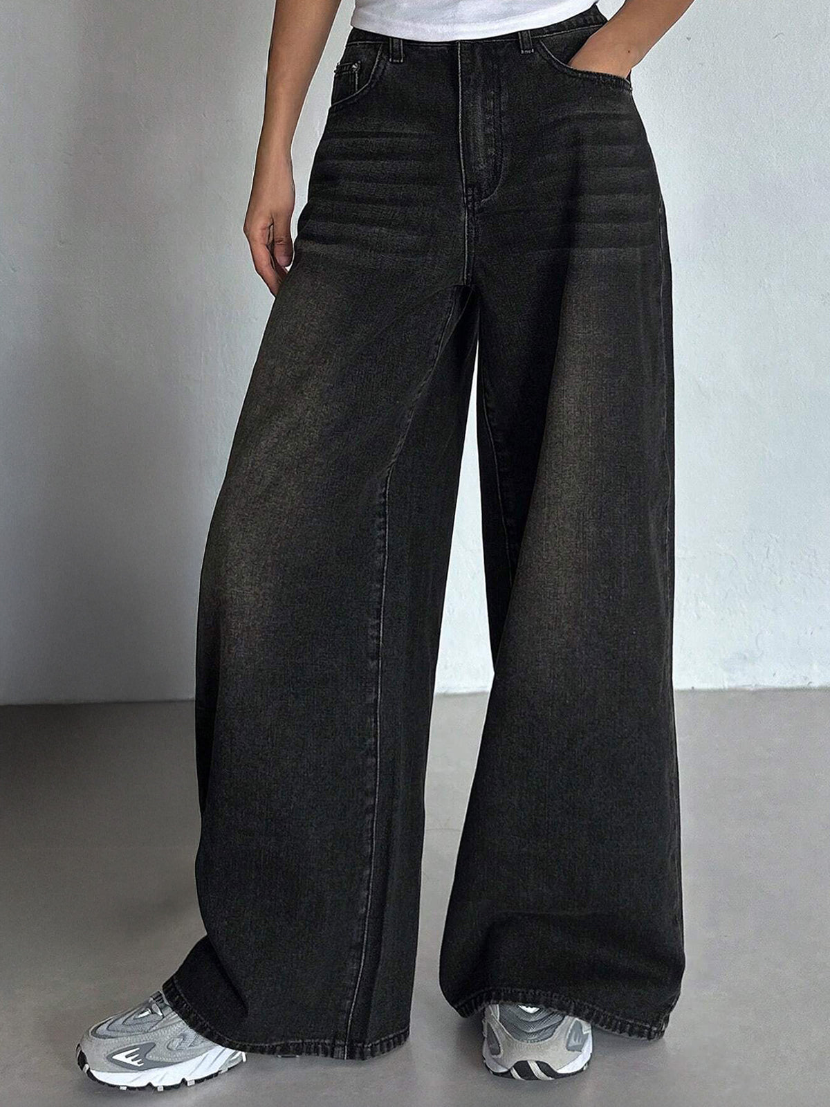 Rustic Black Tinted Super Wide Leg Jeans