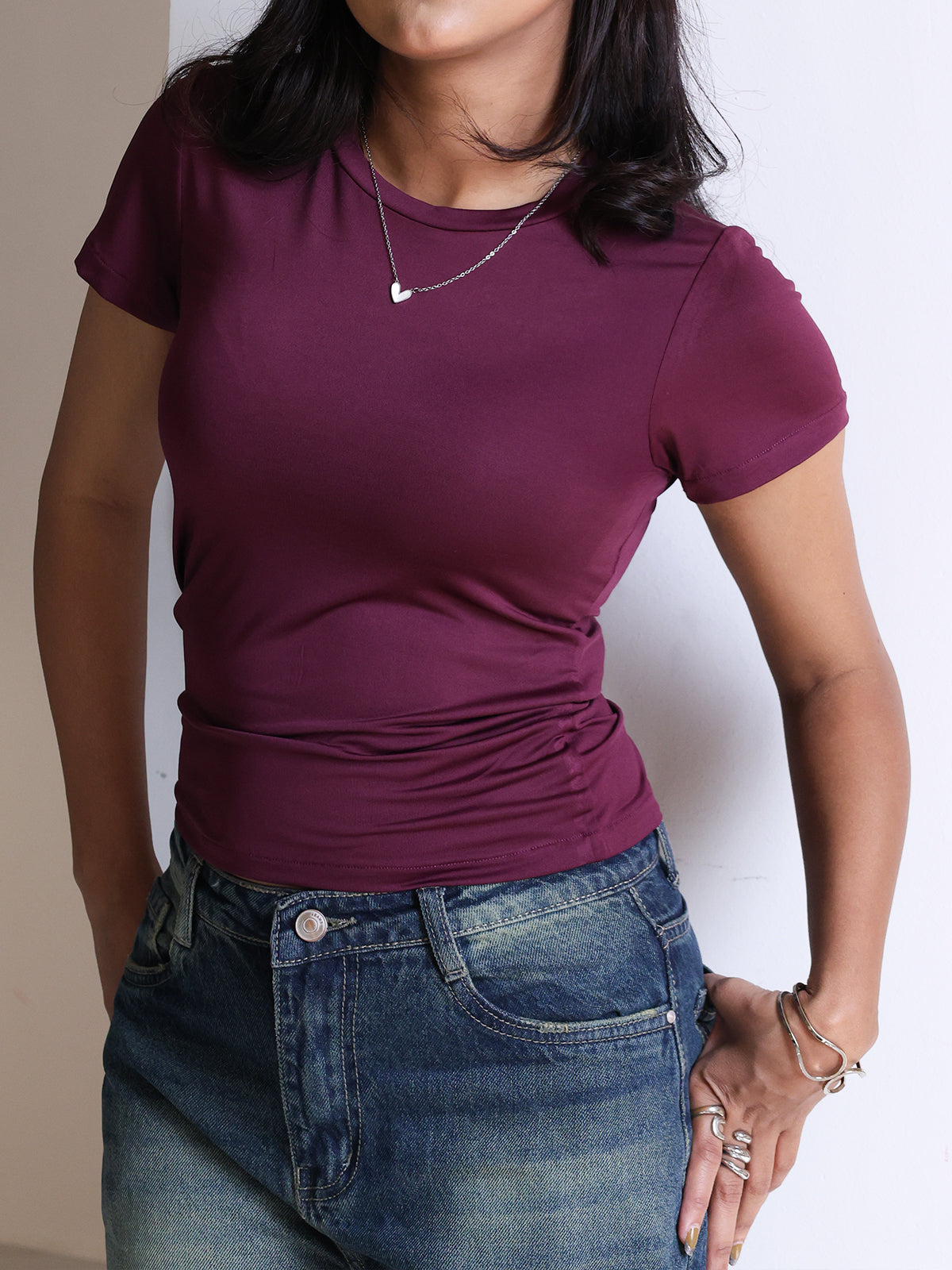 Plum Crew Neck Short Sleeve Slim Fit Top