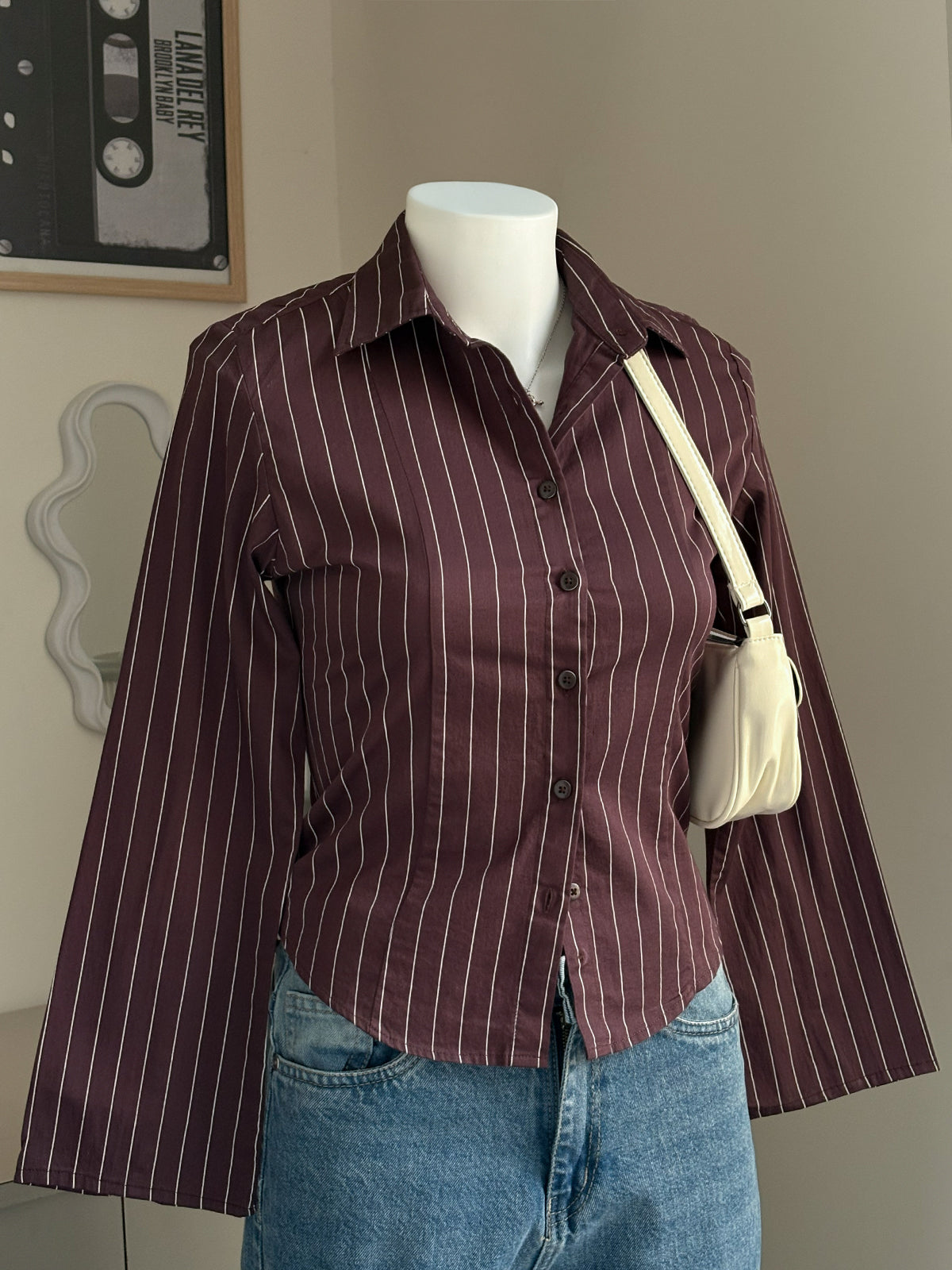Rose Brown Striped Flared Sleeve Fitted Shirt