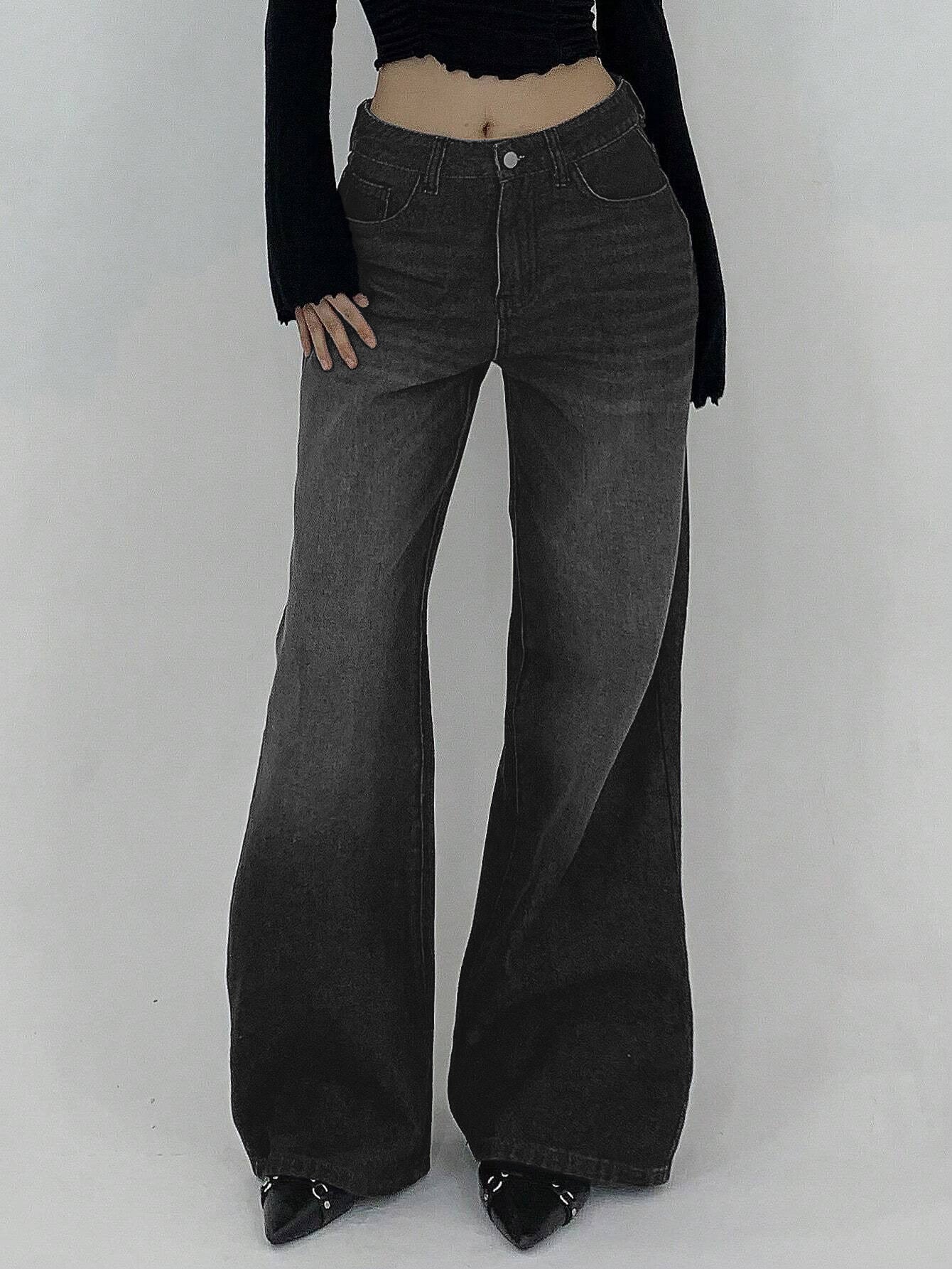 Space Black Washed Low Waist Wide Leg Jeans