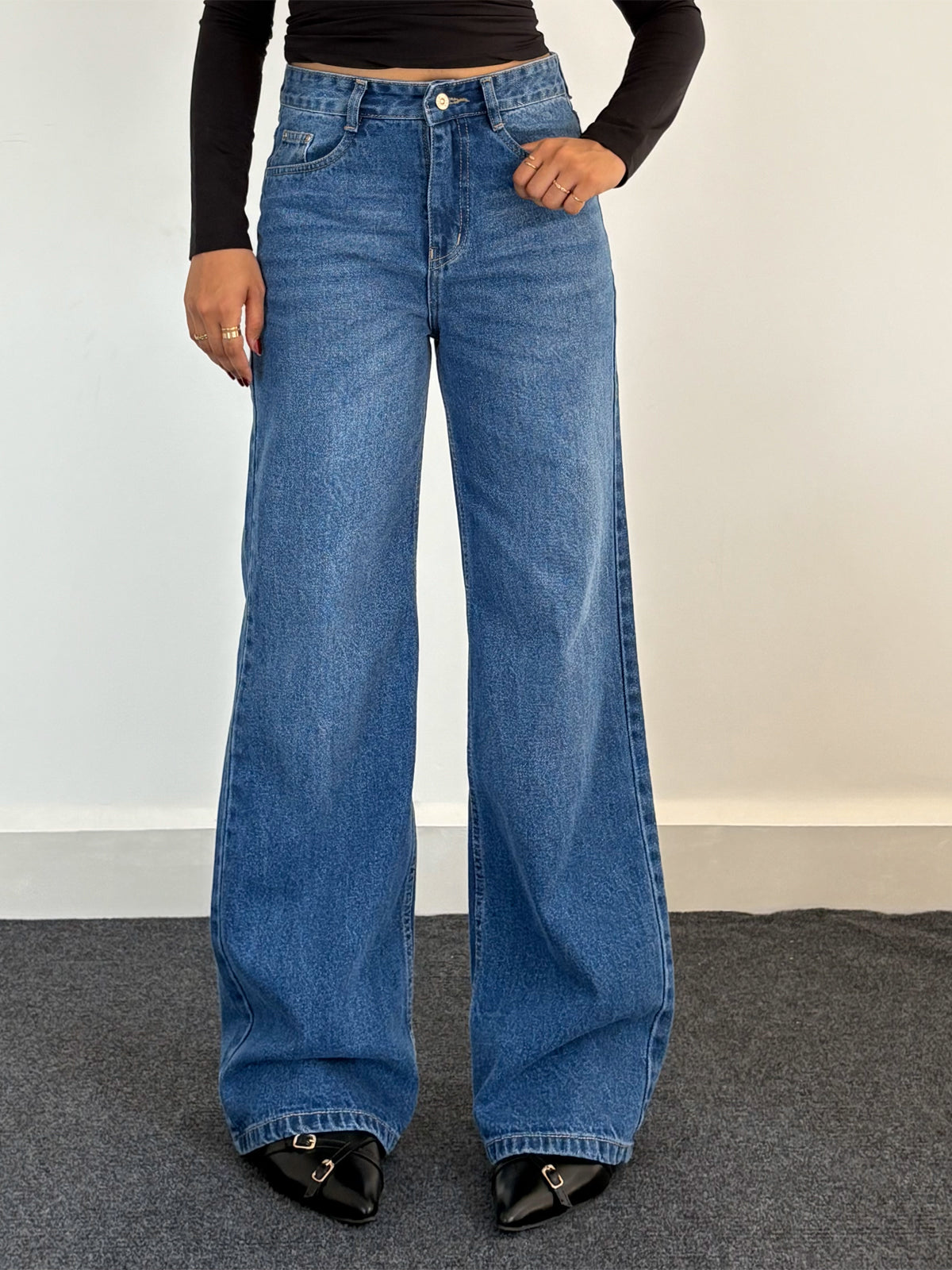 90'S Ocean Blue Whisker Super Wide Leg Jeans