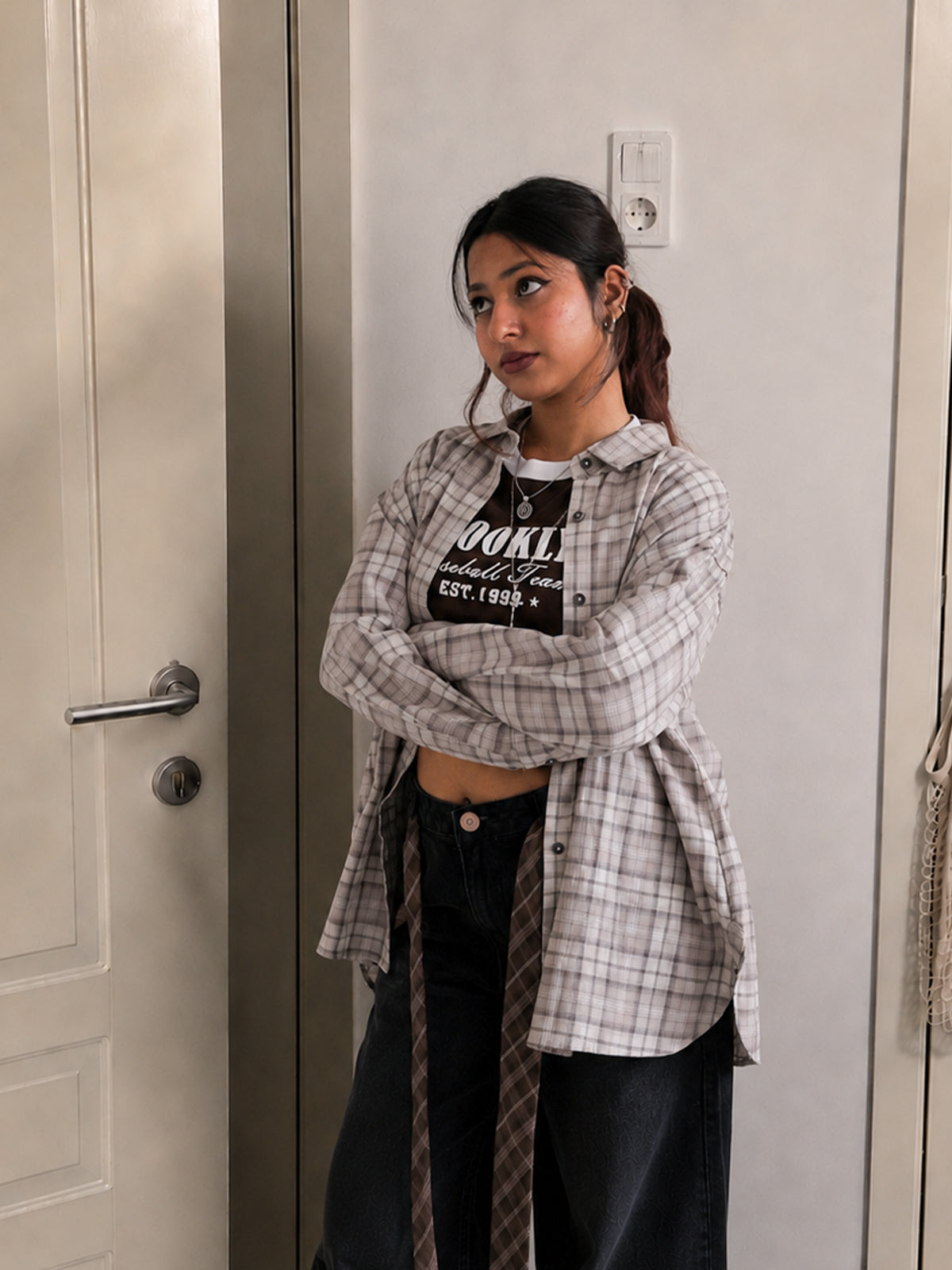 Oatmeal Beige Plaid Oversized Shirt