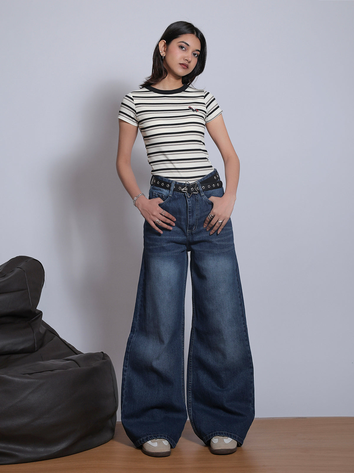 80s Street Dark Blue Washed Super Wide Leg Jeans