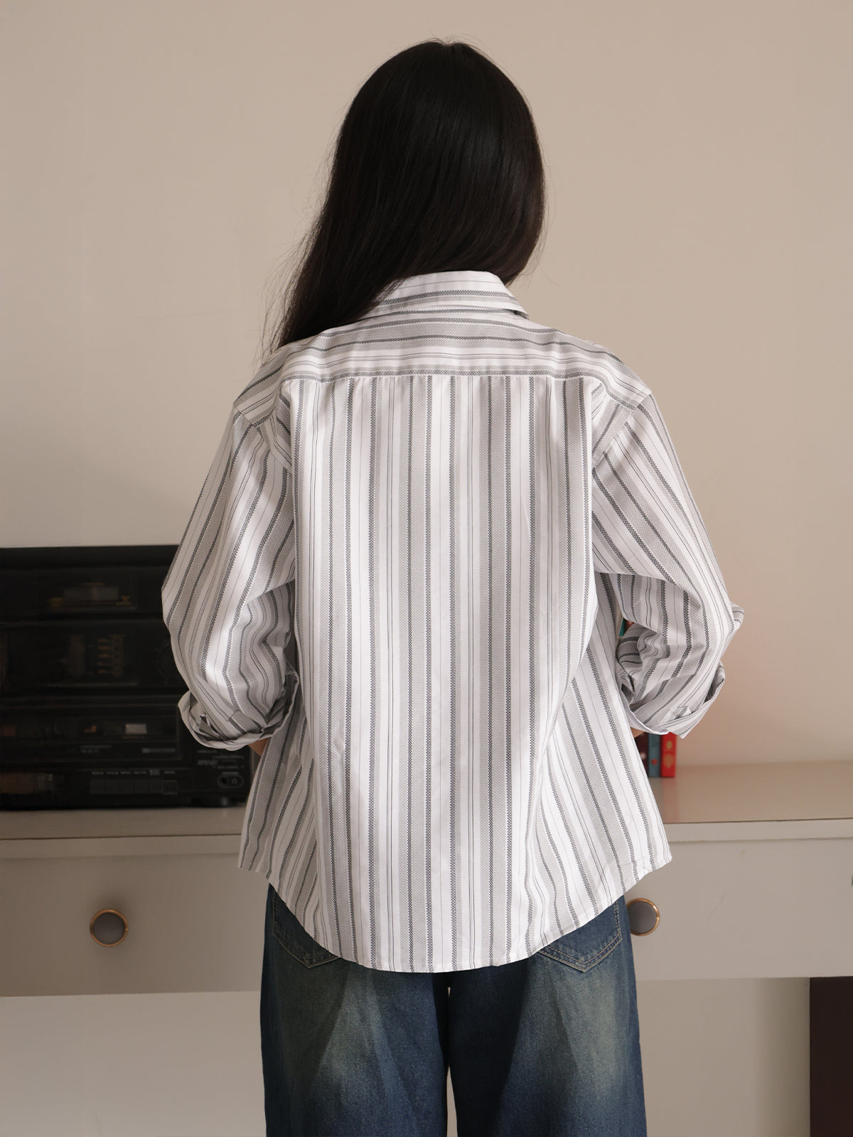 White & Grey Striped Dad Fit Shirt