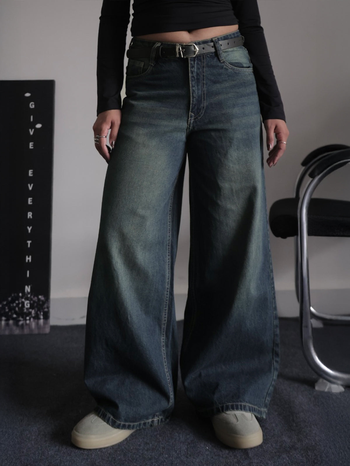 Retro Street Blue Tinted Low Waist Wide Leg Jeans