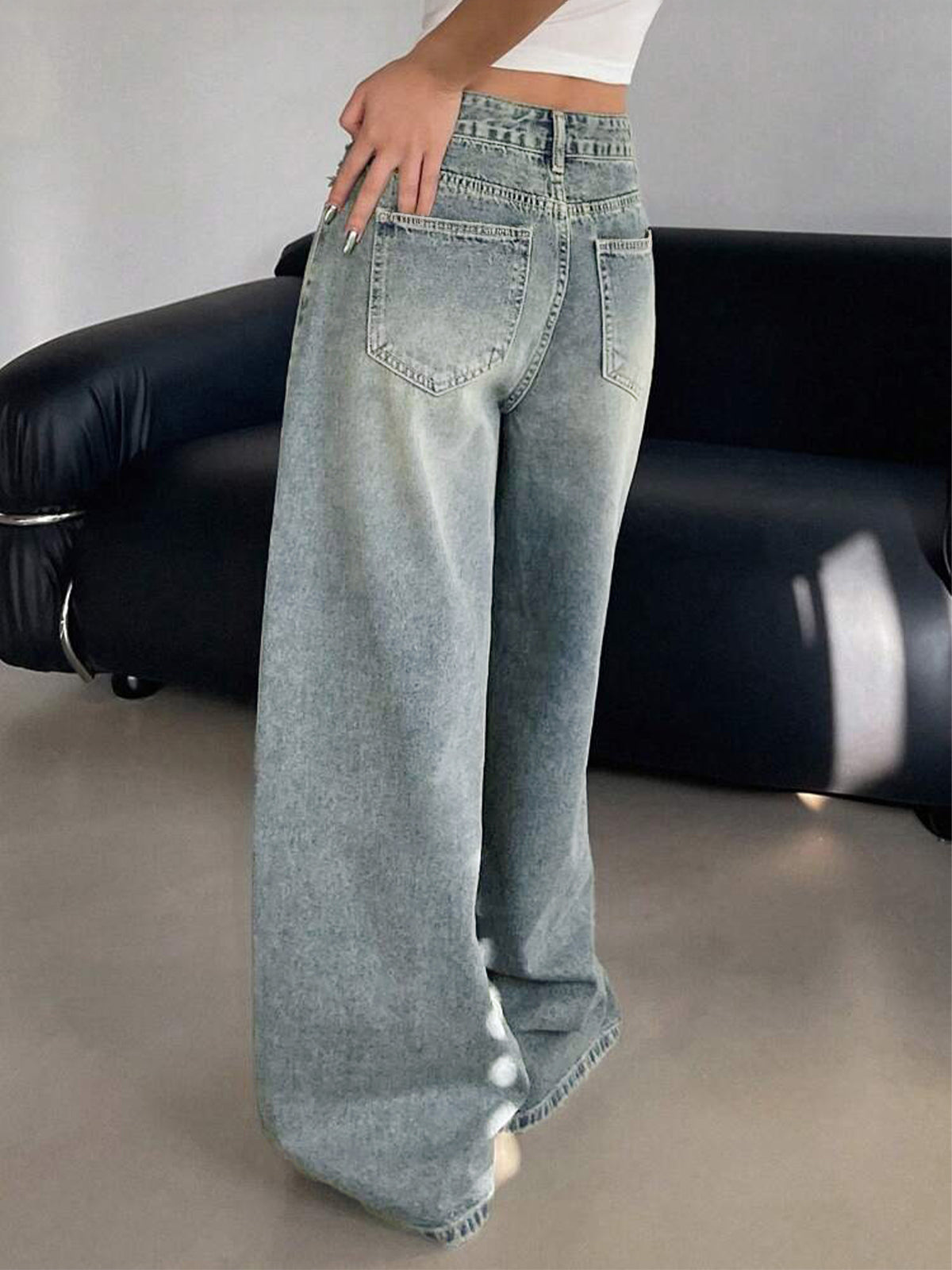 Smoke Blue Washed Wide Leg Jeans