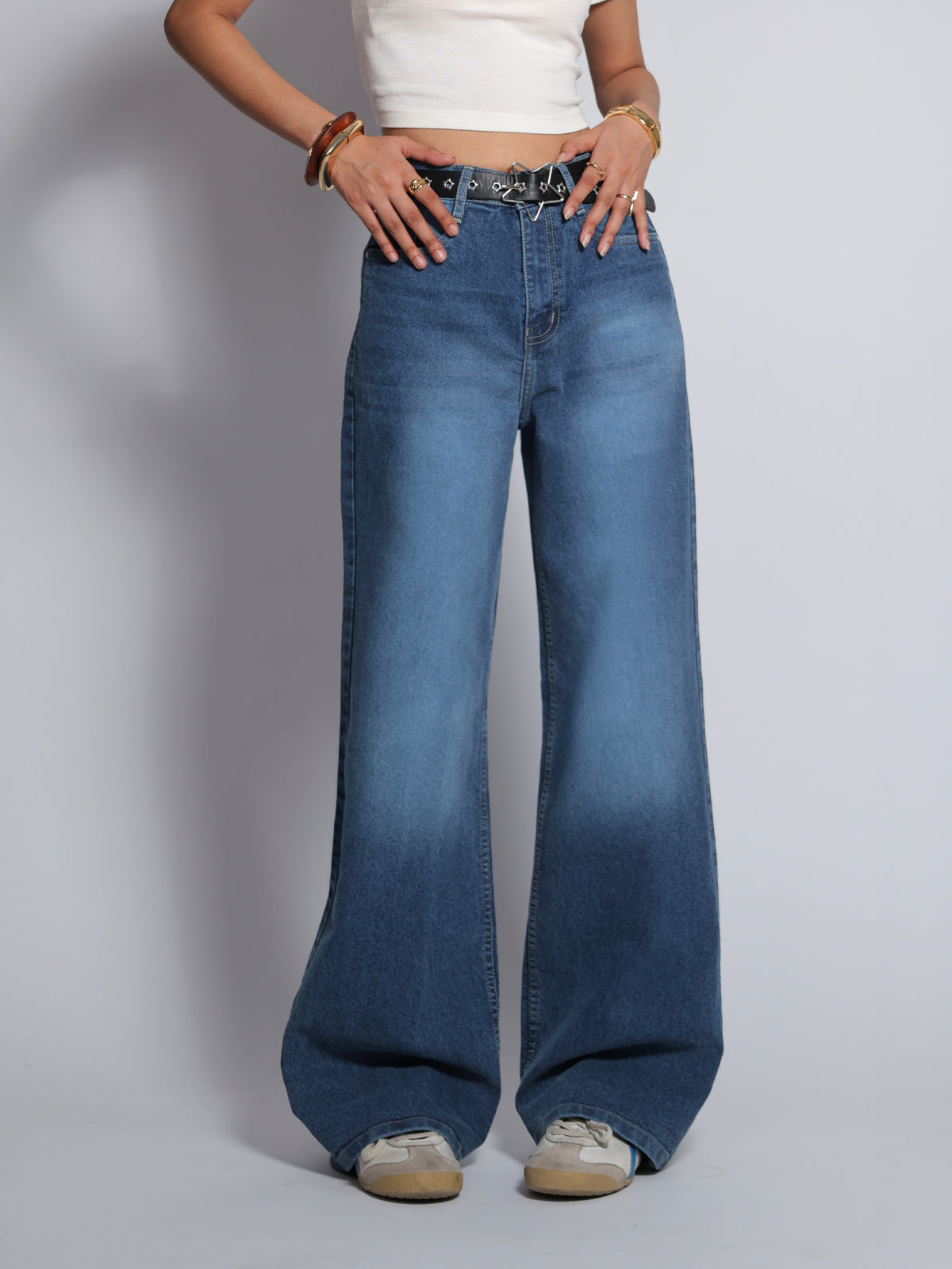 Luxe Drip Blue Washed Stretchable Wide Leg Jeans
