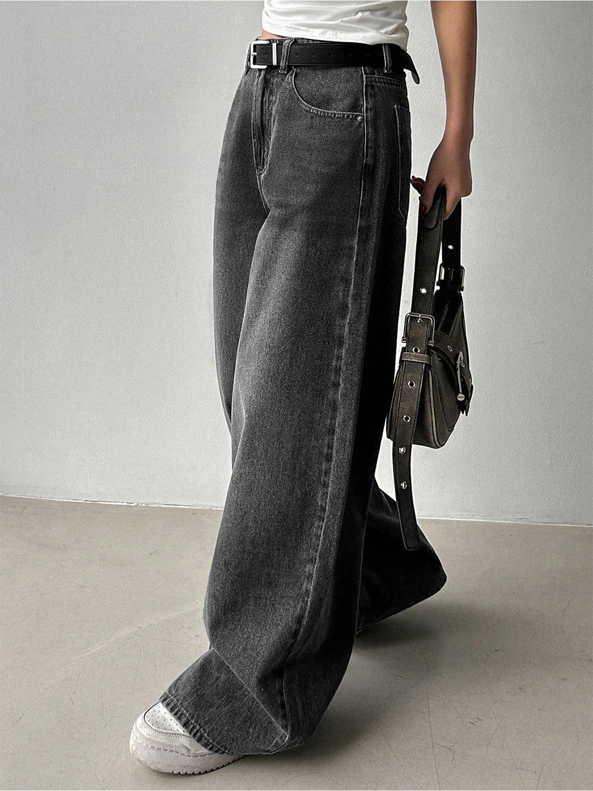 80'S Ash Grey Washed Super Wide Leg Jeans