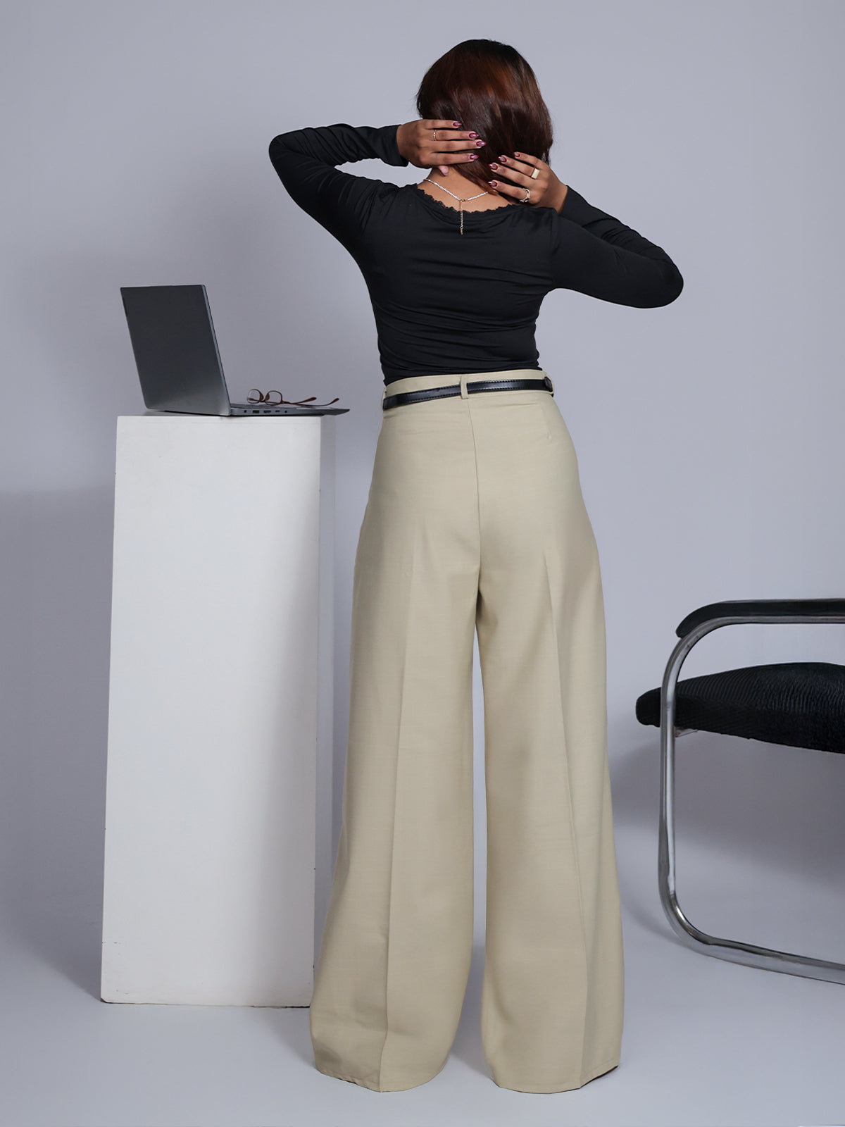 Vanilla Beige Belted Wide Leg Korean Pant