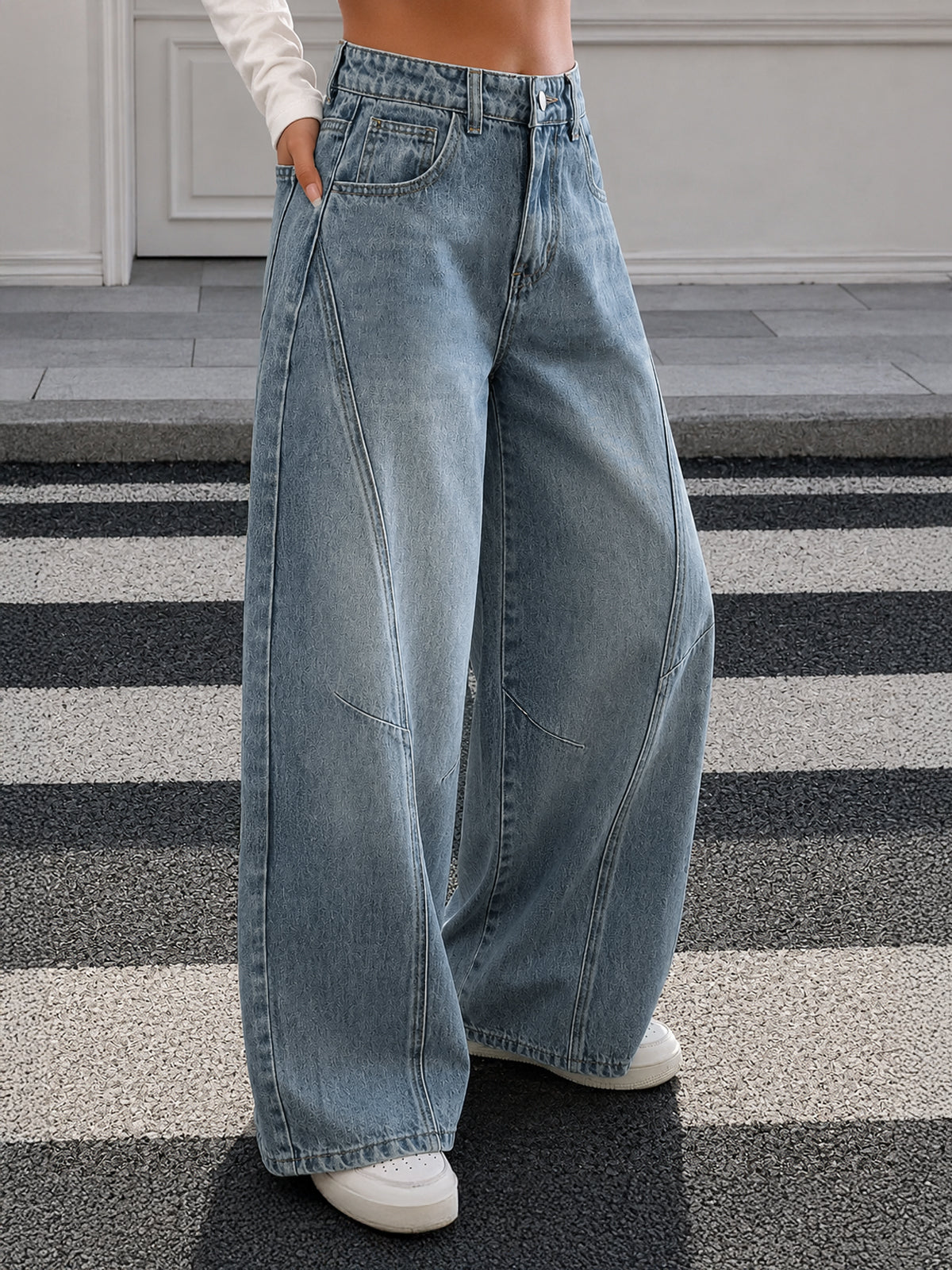 Faded Denim Blue Panelled Wide Leg Jeans