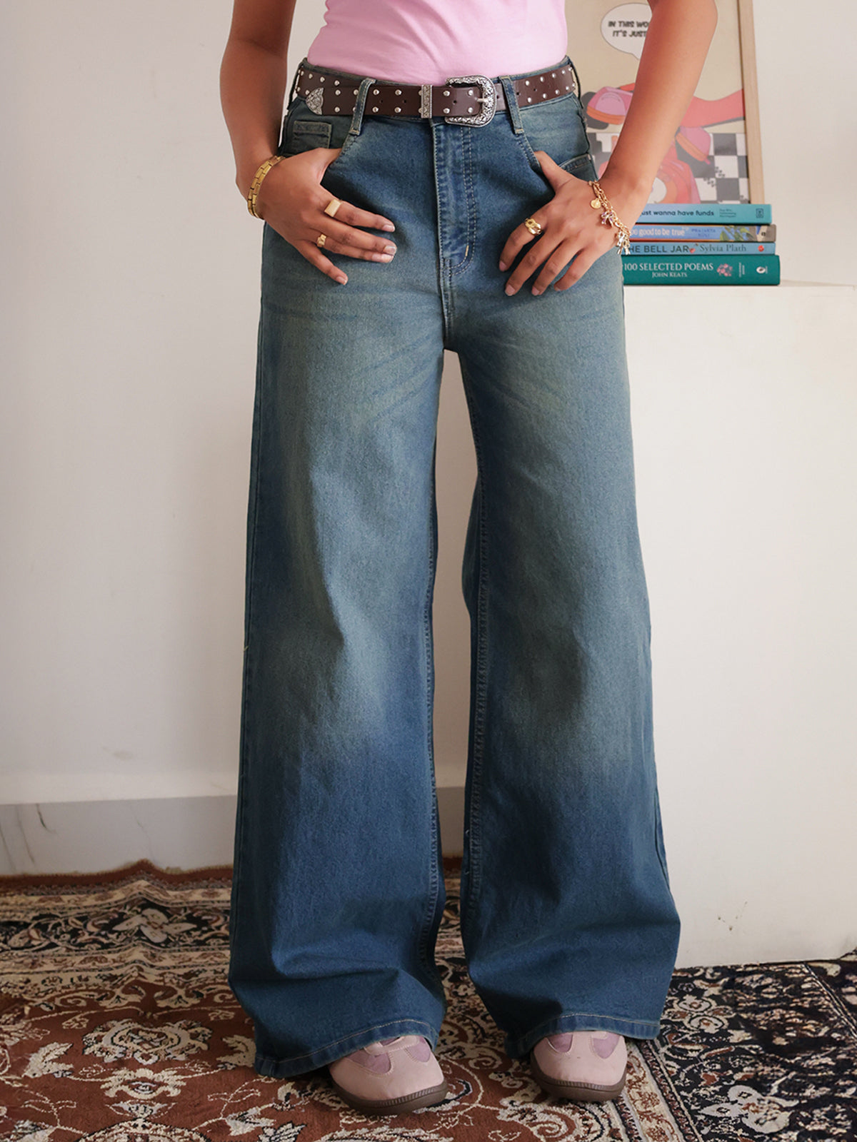 Luxe Vintage Aqua Blue Cat Whisker Stretchable Wide Leg Jeans