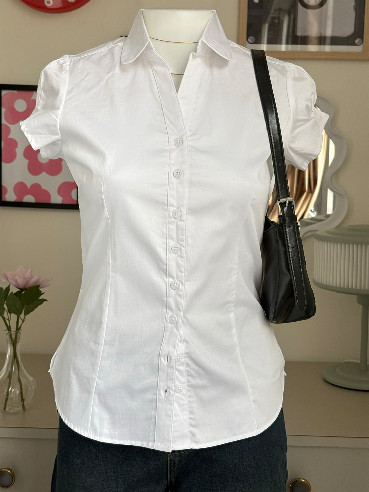 White Short Sleeve Y2K Fitted Shirt
