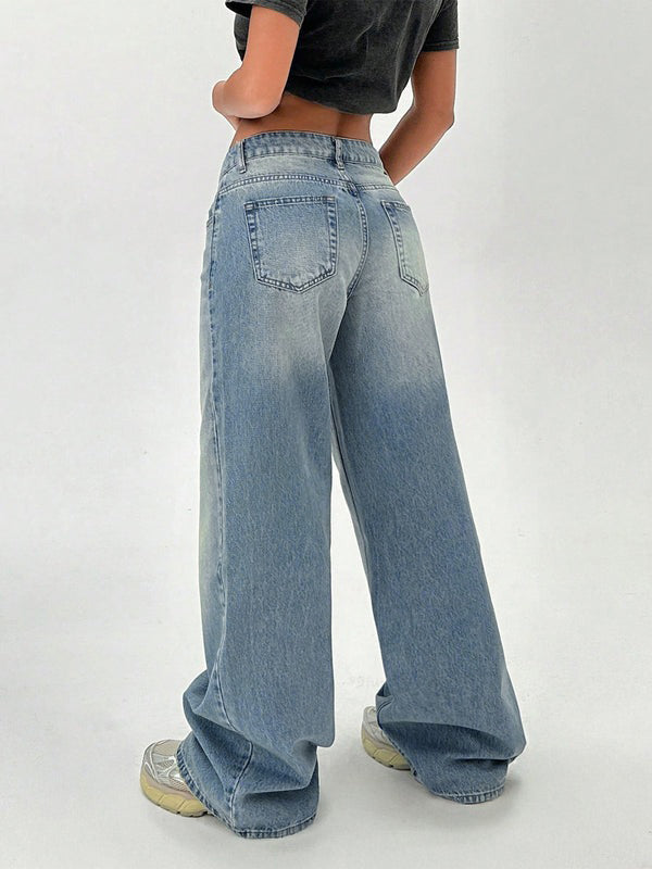 Soft Blue Washed Wide Leg Jeans