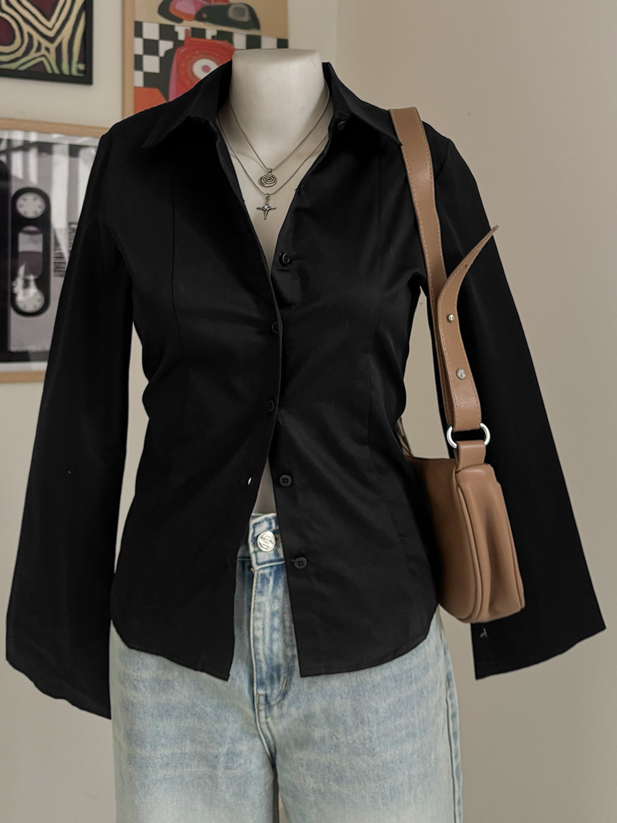 Black Flared Sleeve Y2K Fitted Shirt