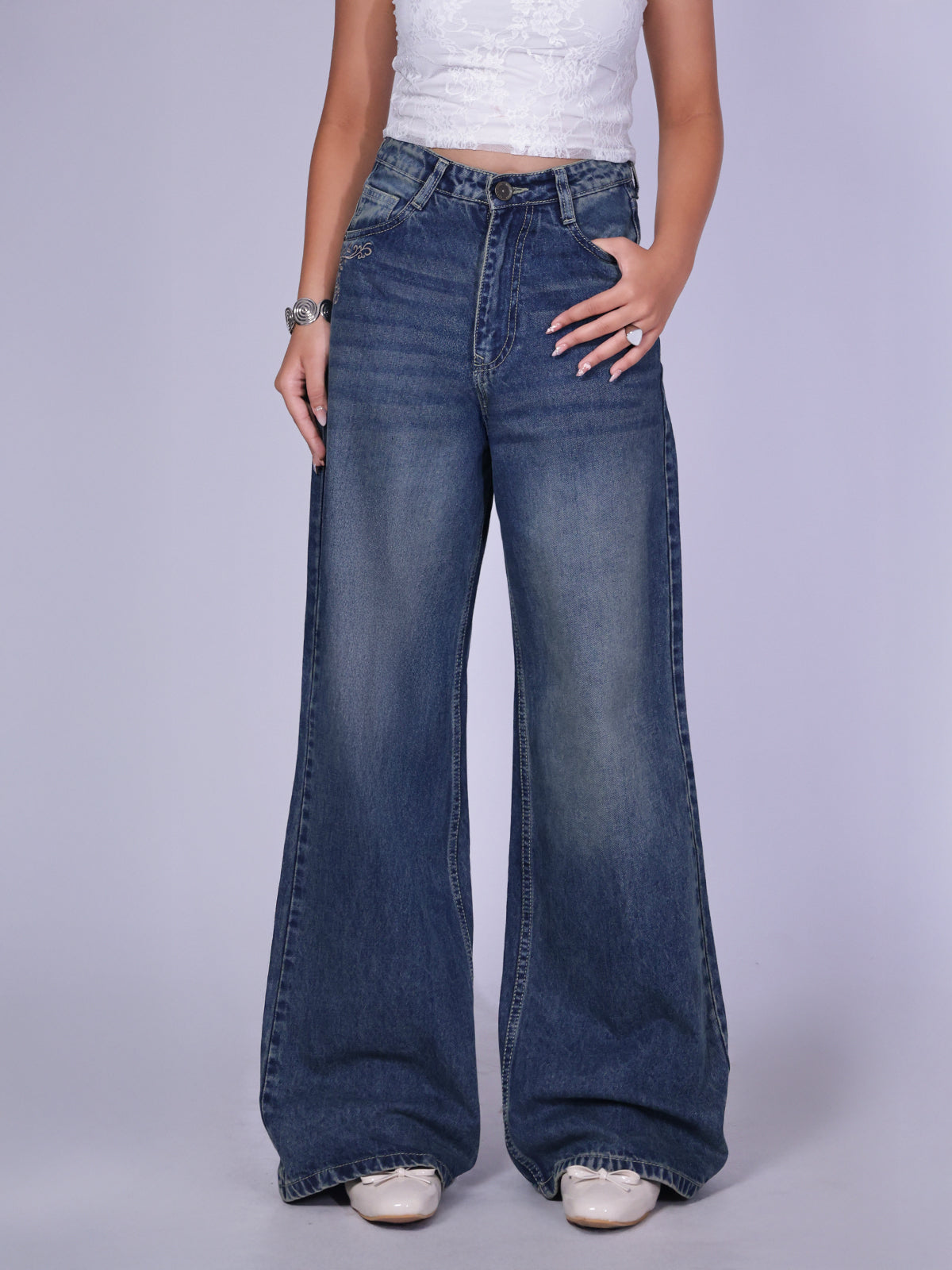 Astral Blue Embroidered Wide Leg Jeans