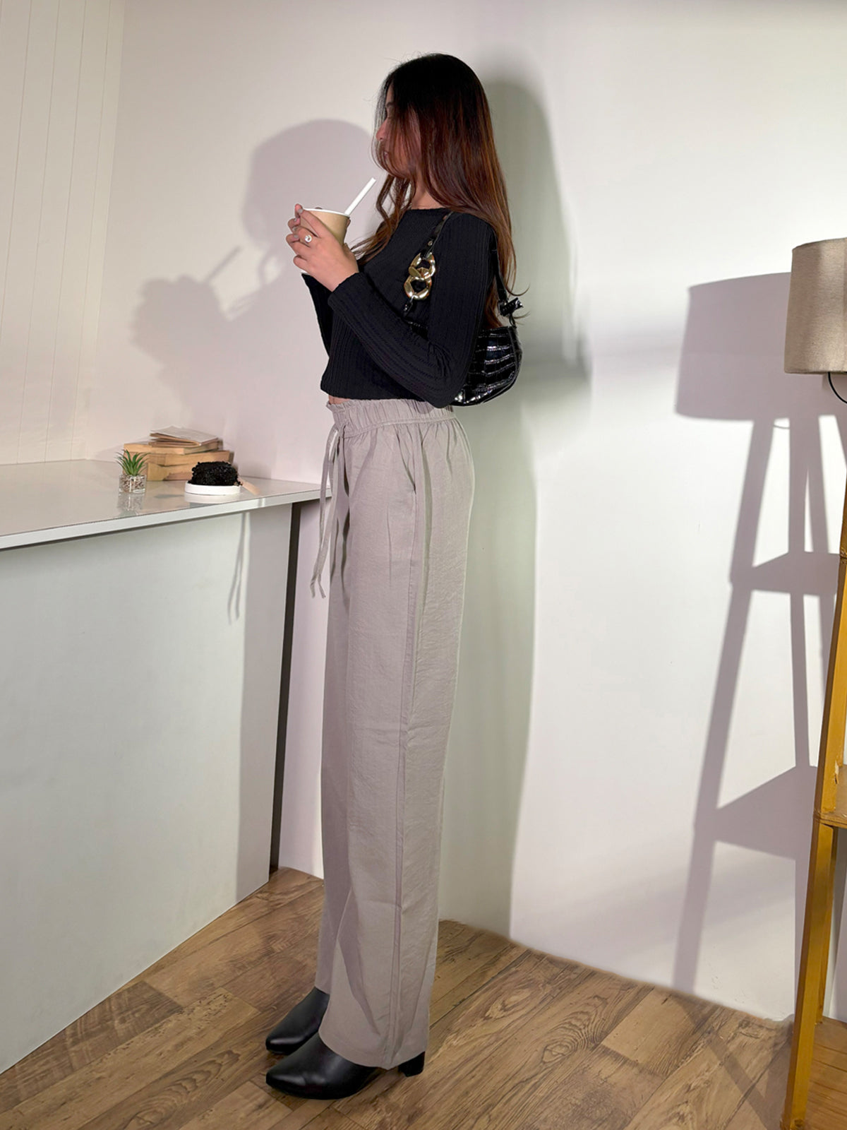 Cool Grey Linen Drawstring Wide leg Pants