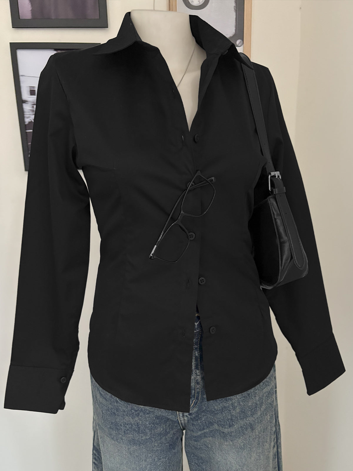 Black Long Sleeve Y2K Fitted Shirt