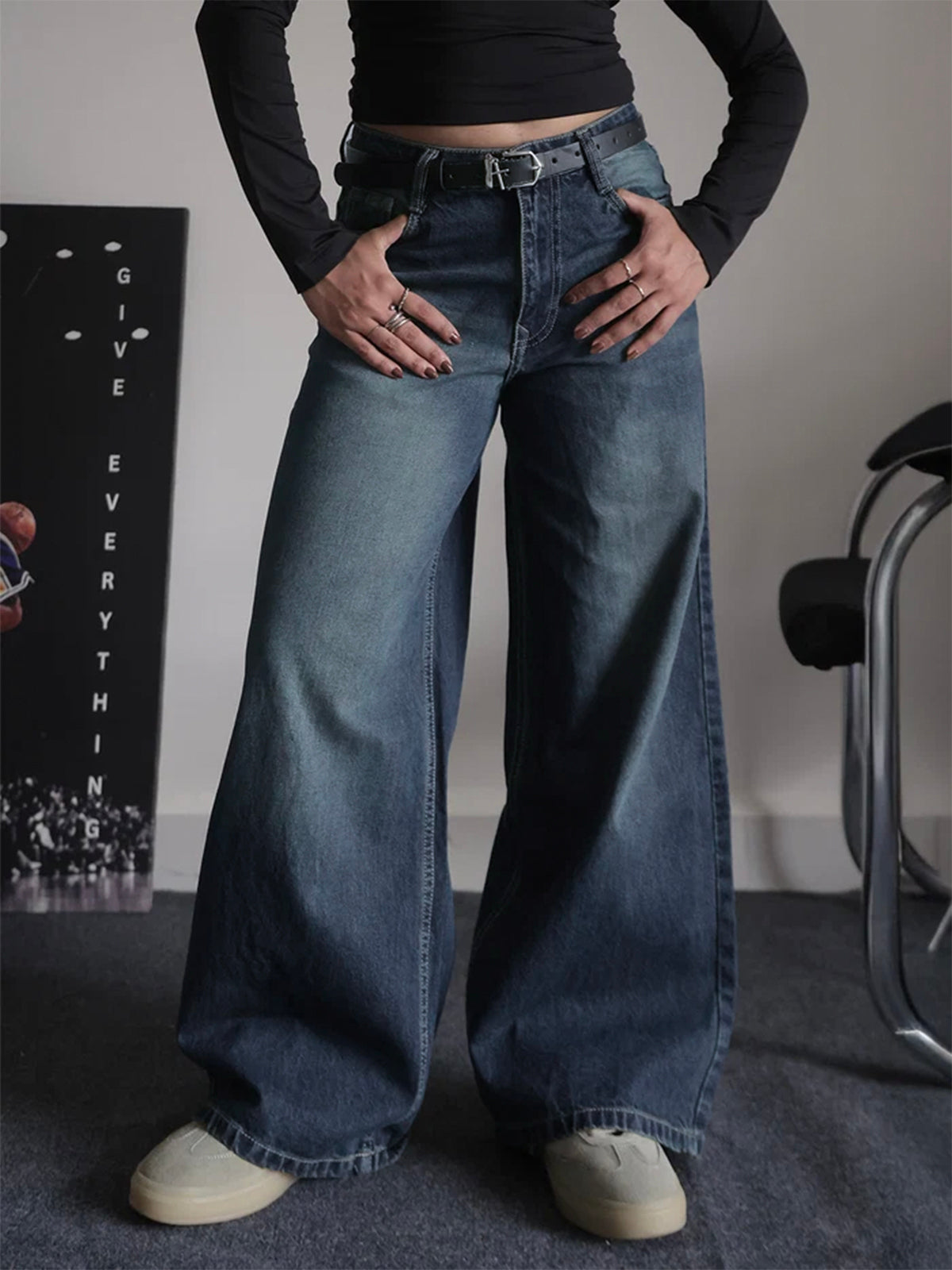 Retro Street Blue Tinted Wide Leg Jeans