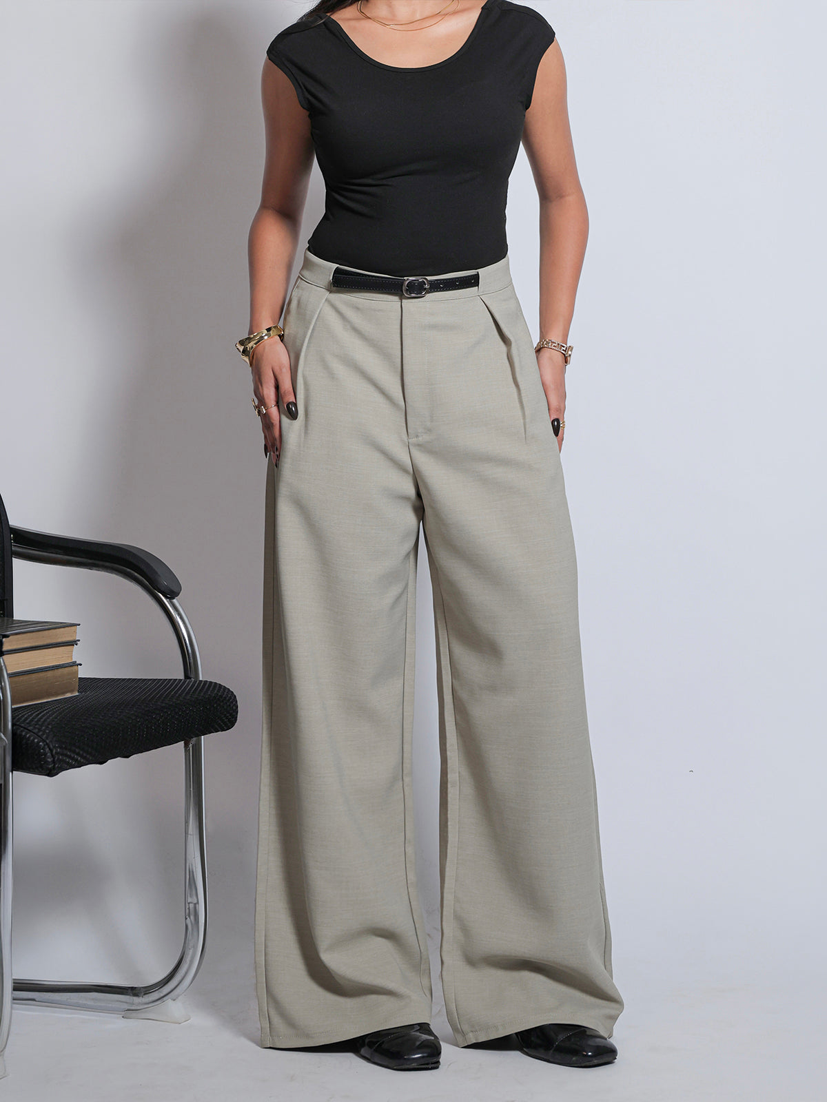 Soft Sage Belted Korean Pant