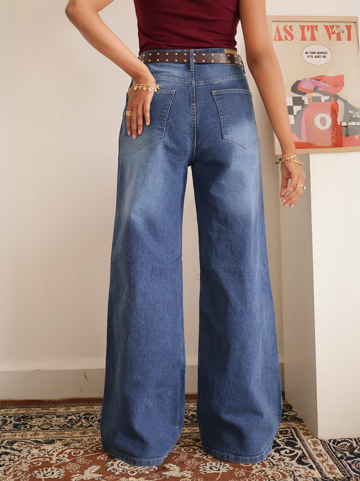 Luxe Drip Blue Washed Stretchable Wide Leg Jeans