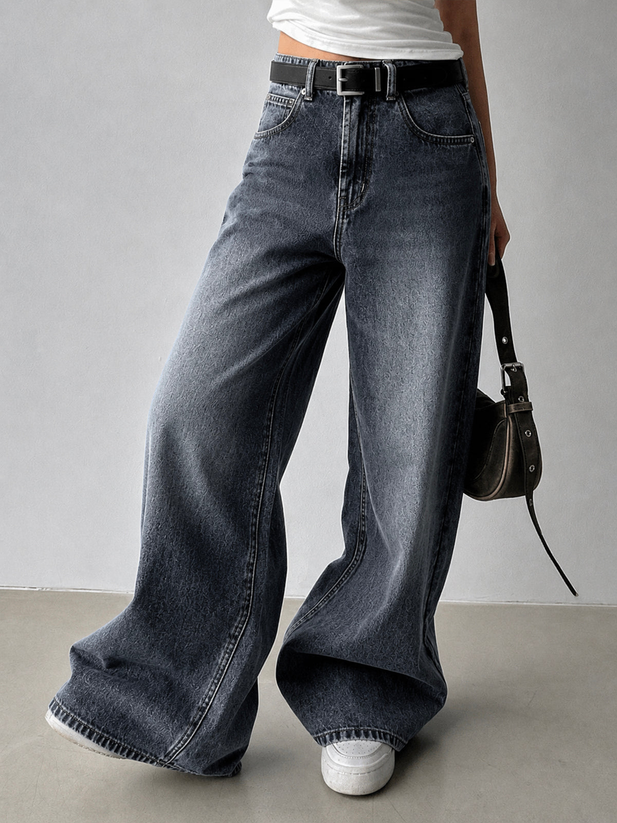 80'S Ash Grey Washed Super Wide Leg Jeans