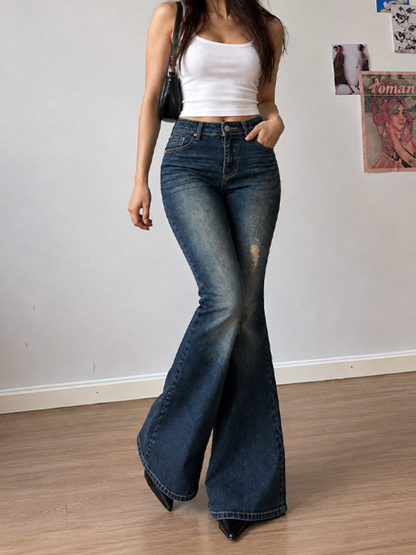 Warm Denim Blue Ribbed Bootcut Jeans