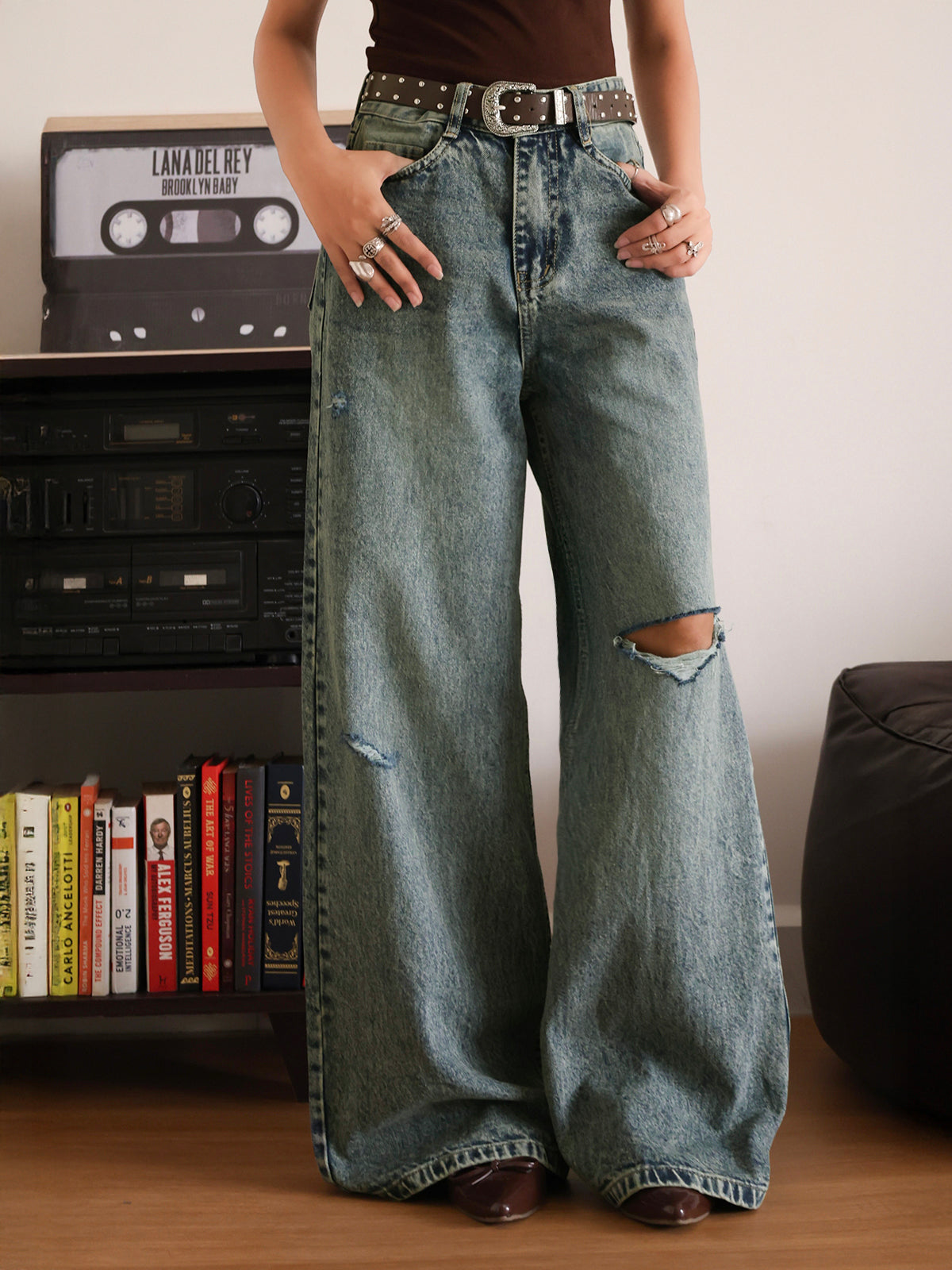 Retro Blue Tinted Ripped Super Wide Leg Jeans