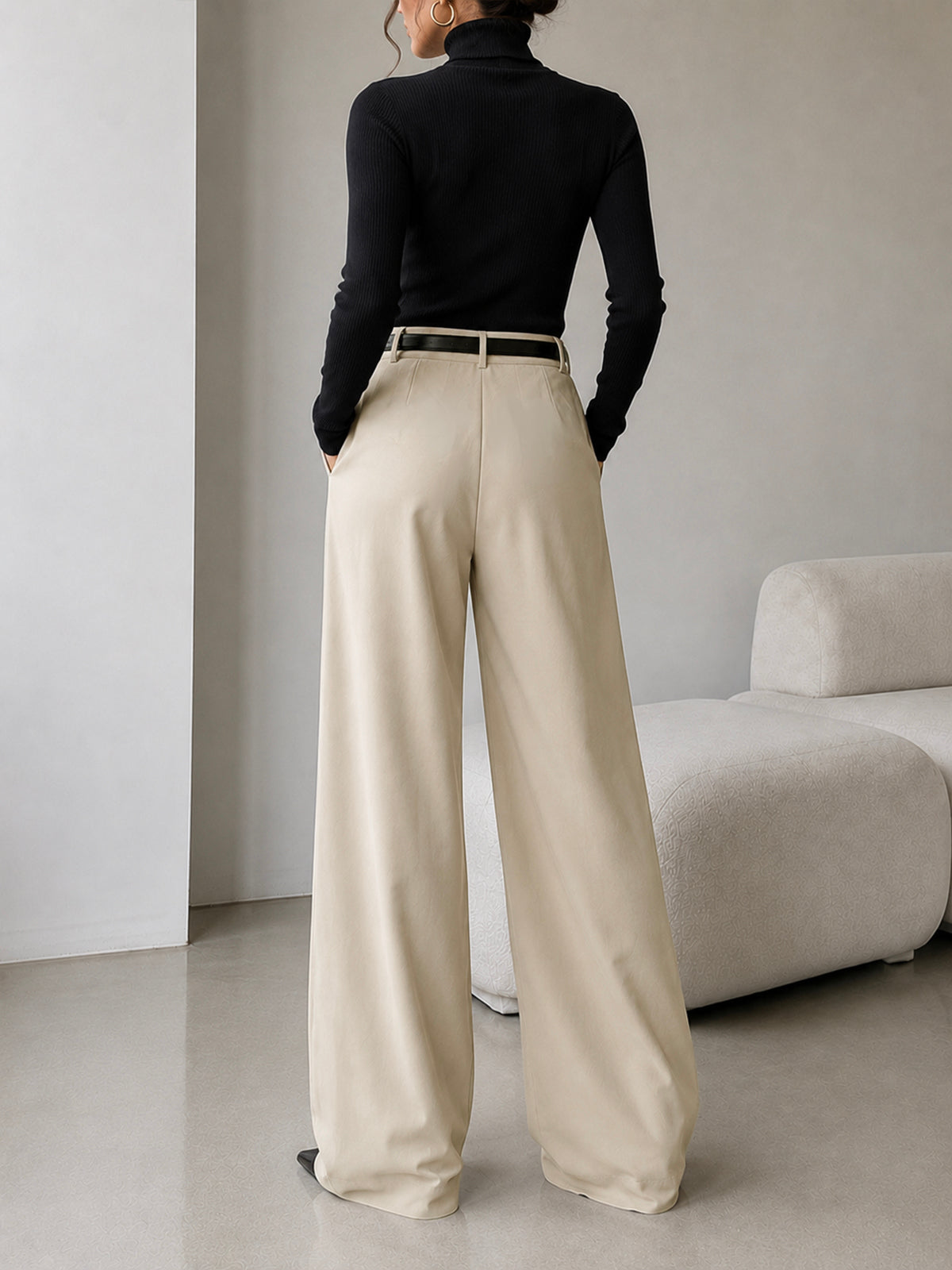 Vanilla Beige Pleated Wide Leg Korean Pants