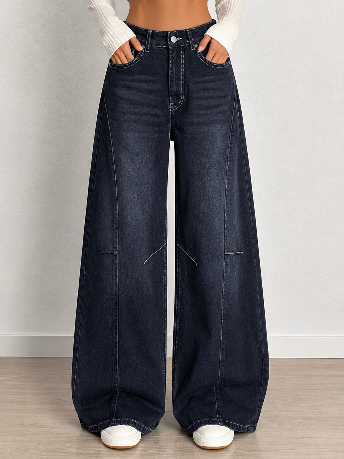 Ash Black Washed Panelled Wide Leg Jeans