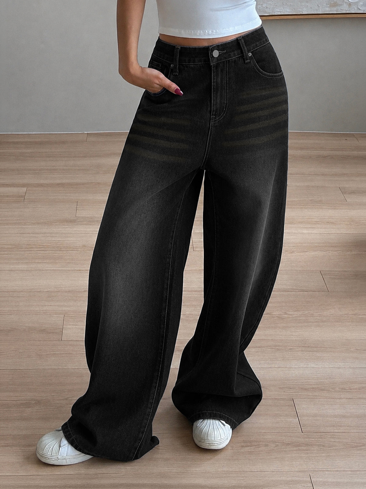 Night Black Tinted Super Wide Leg Jeans