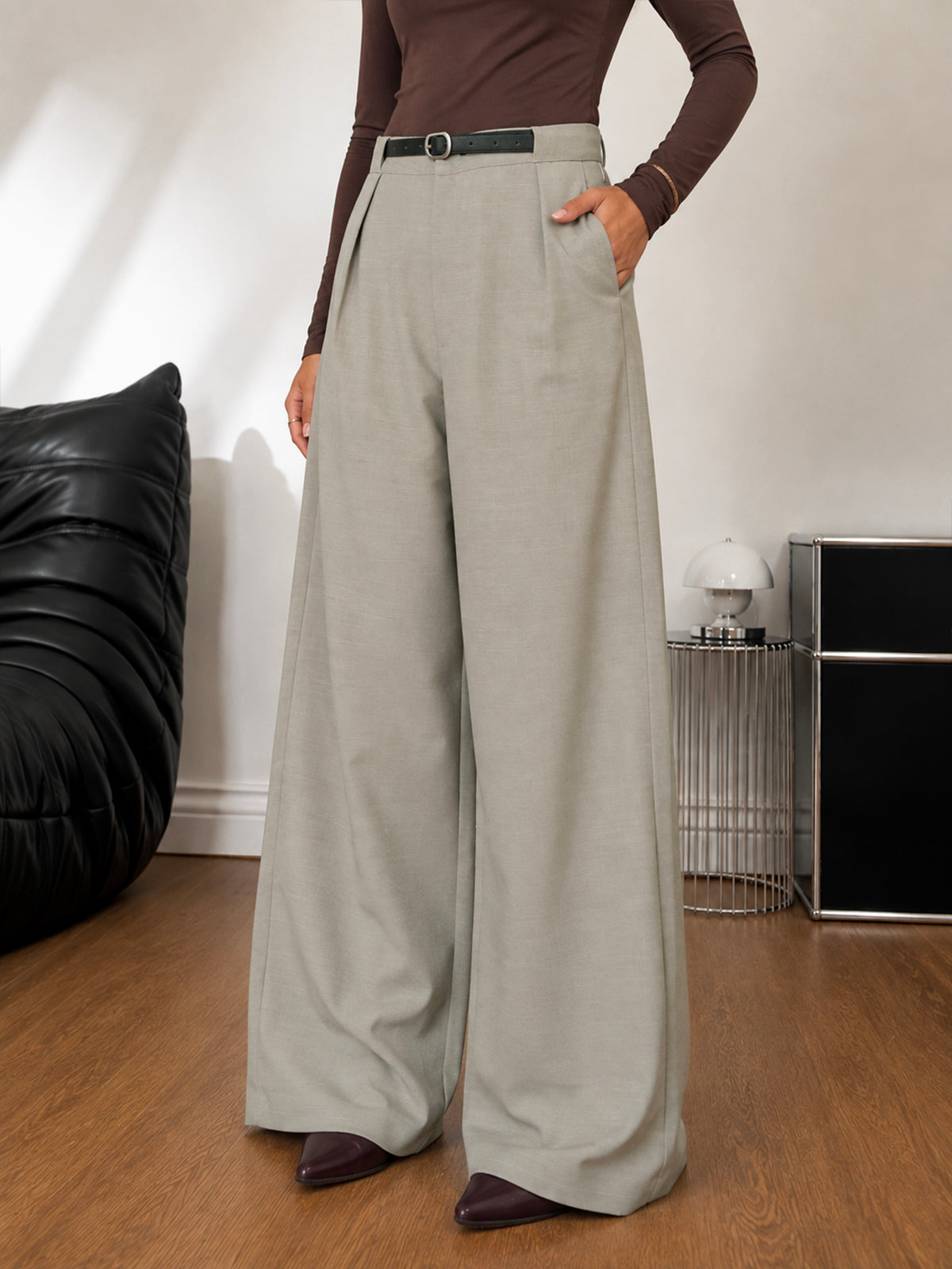 Soft Sage Belted Korean Pant