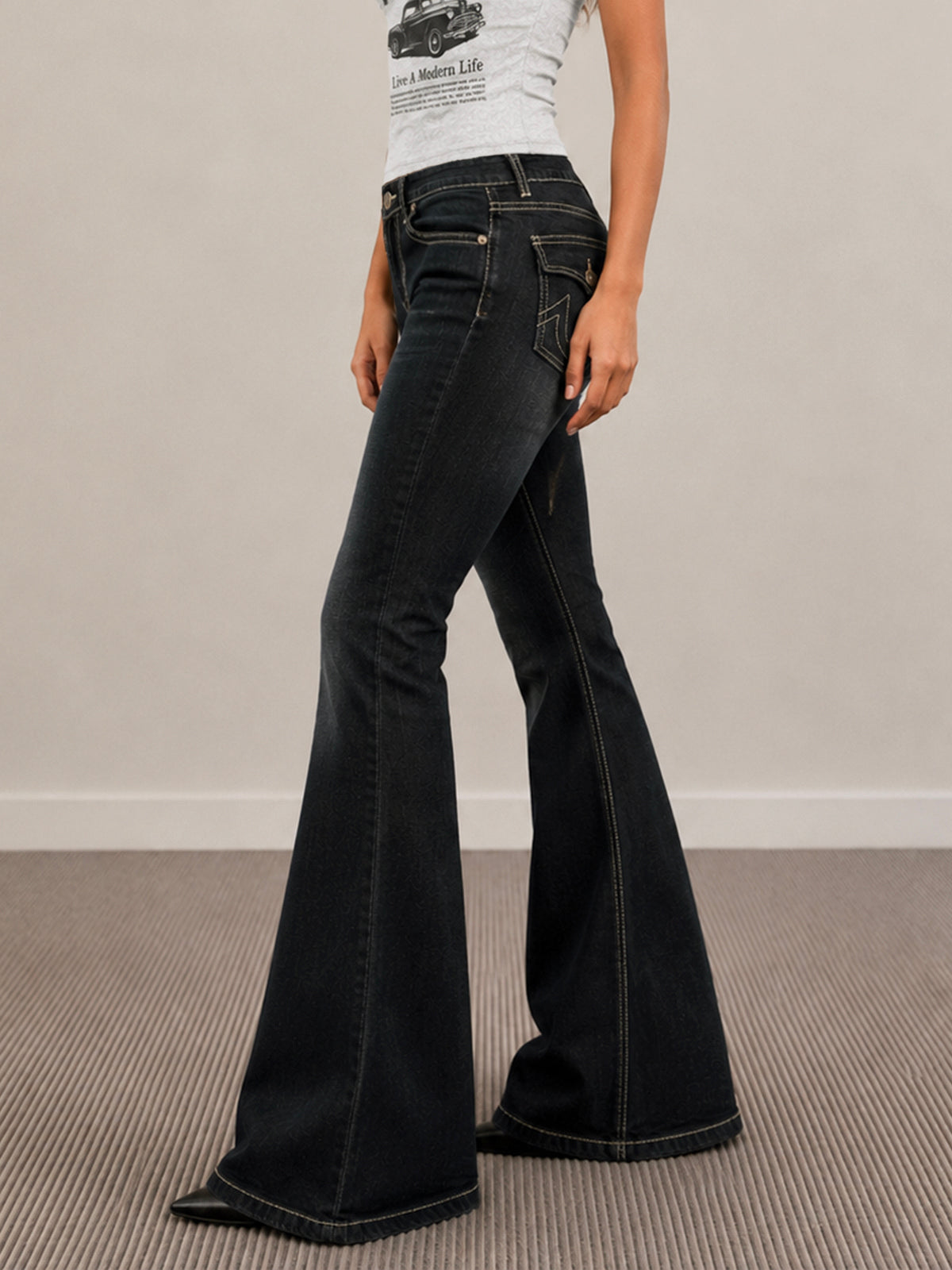 Retro Black Flap Pocket Y2K Bootcut Jeans