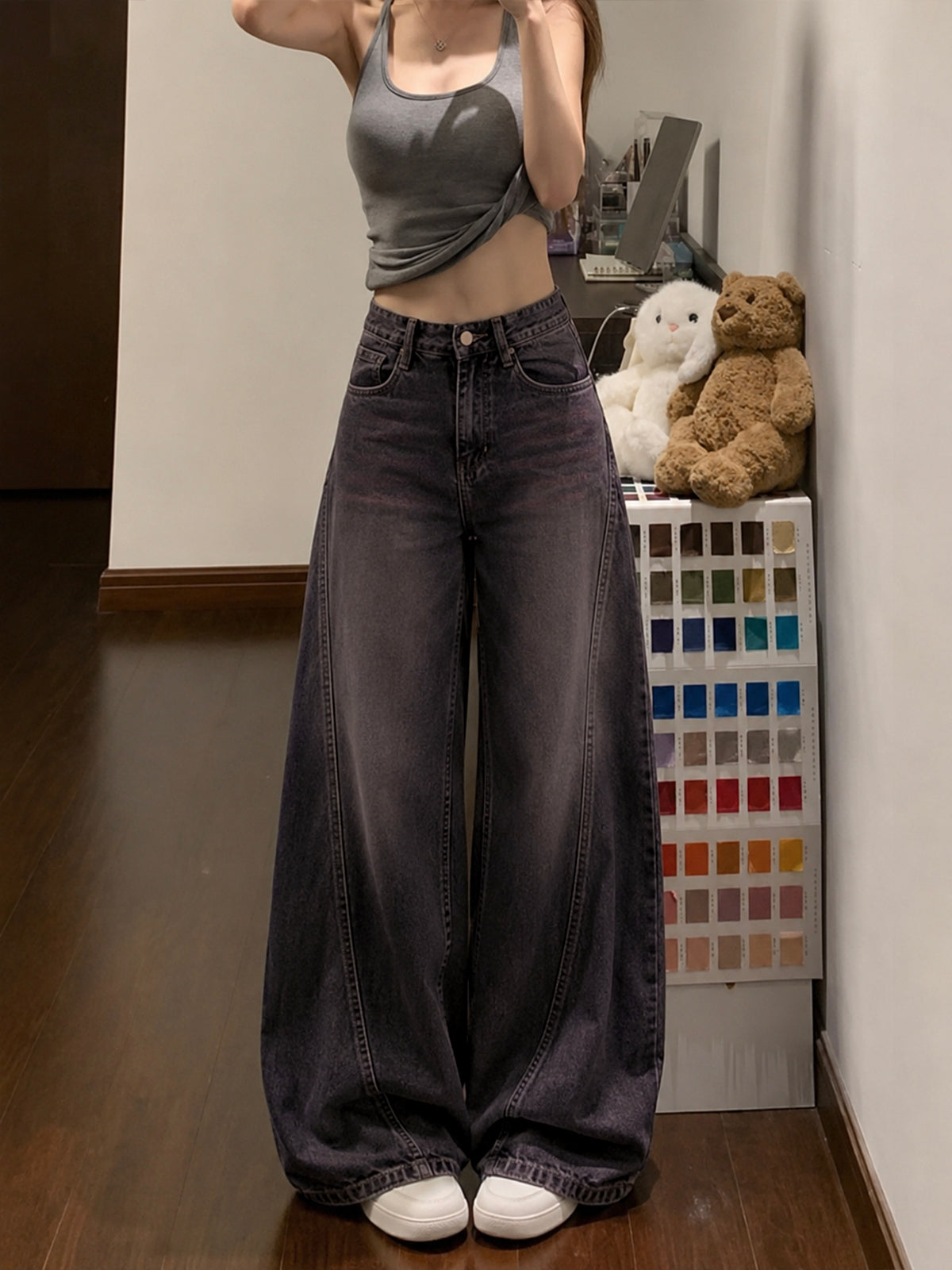 Burnt Blue Panelled Y2K Wide Leg Jeans