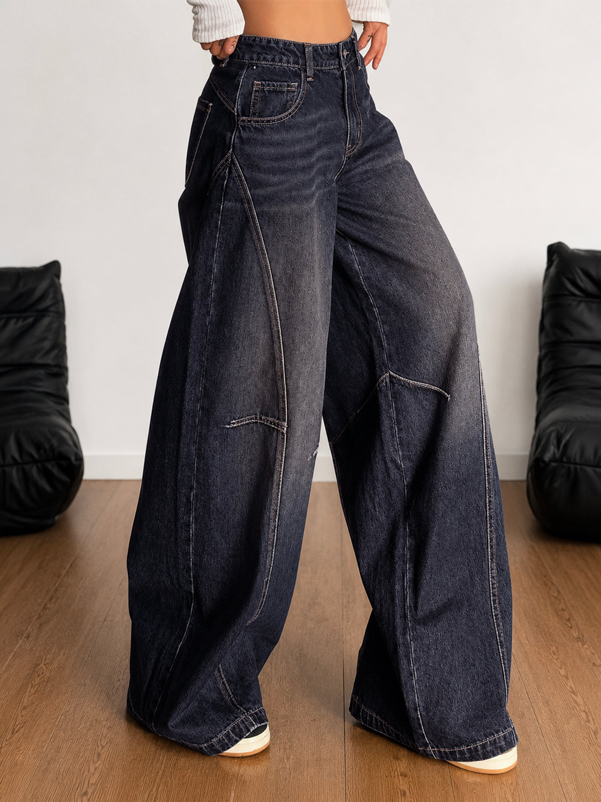 Deep Space Blue Panelled Y2K Wide Leg Jeans
