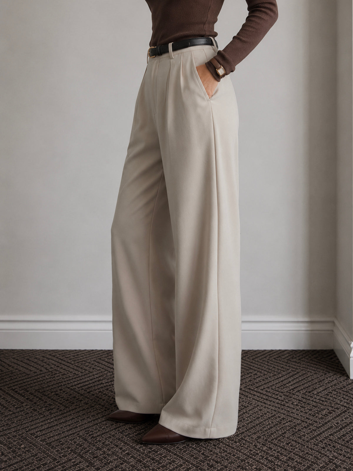 Muted Beige Pleated Wide Leg Korean Pants