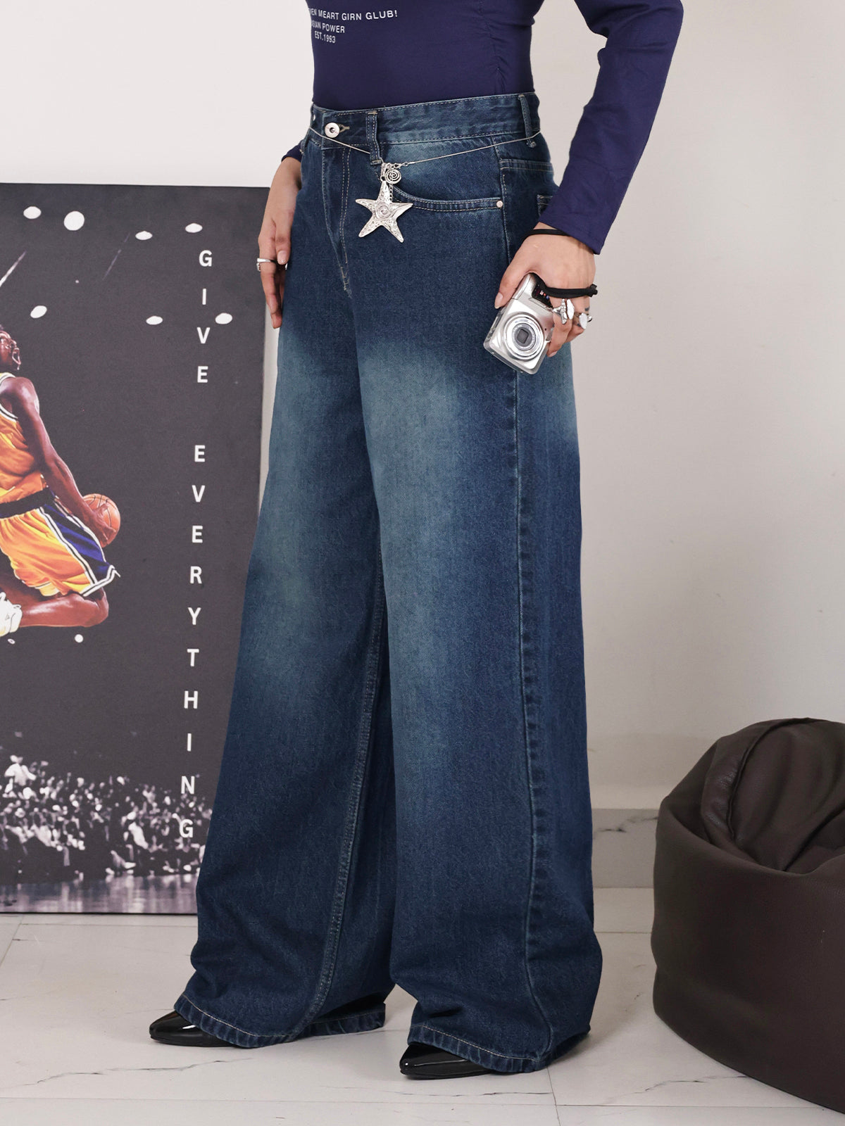 Marine Blue Washed Wide Leg Jeans