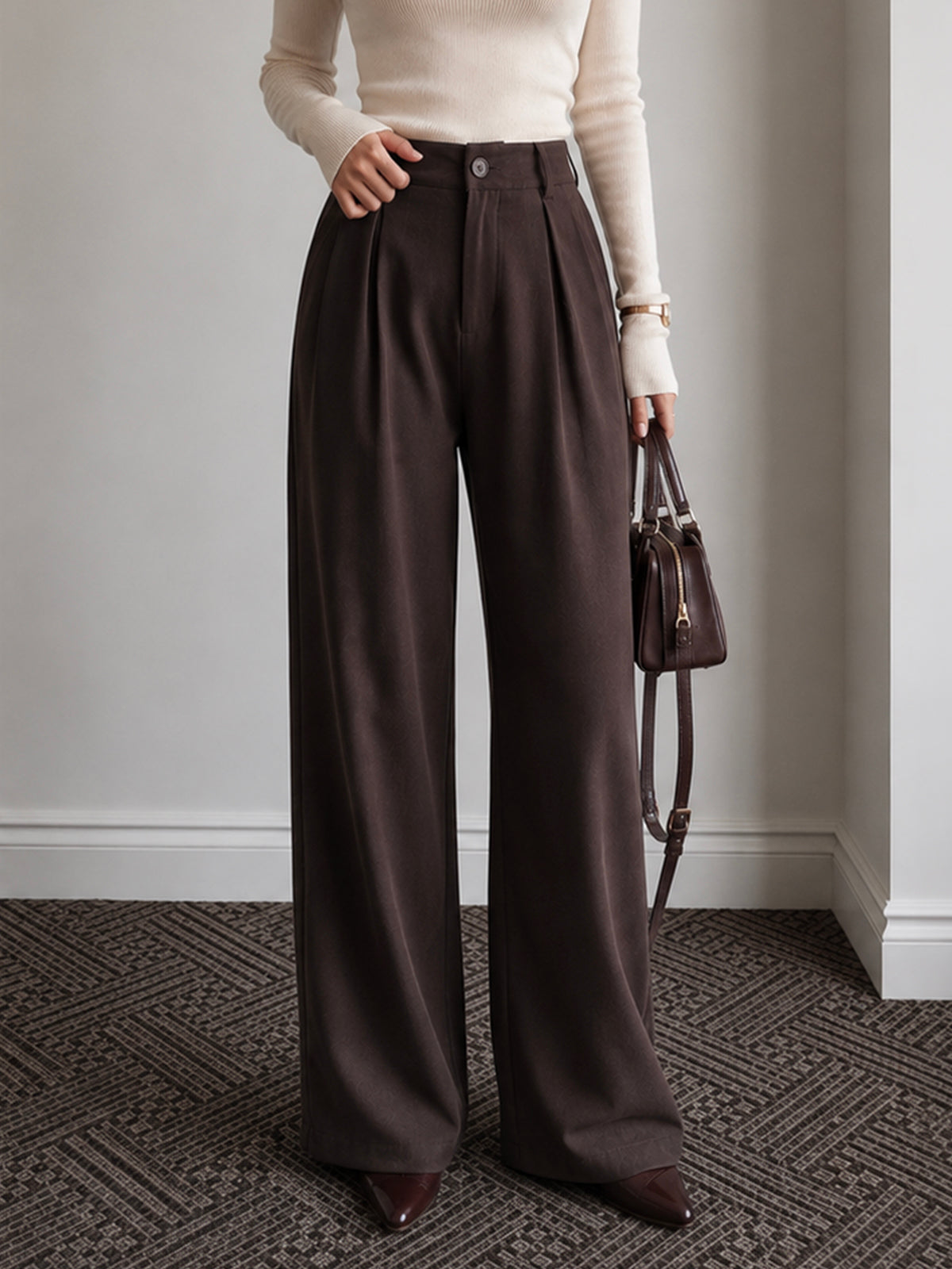 Dark Cocoa Brown Pleated Wide Leg Korean Pants