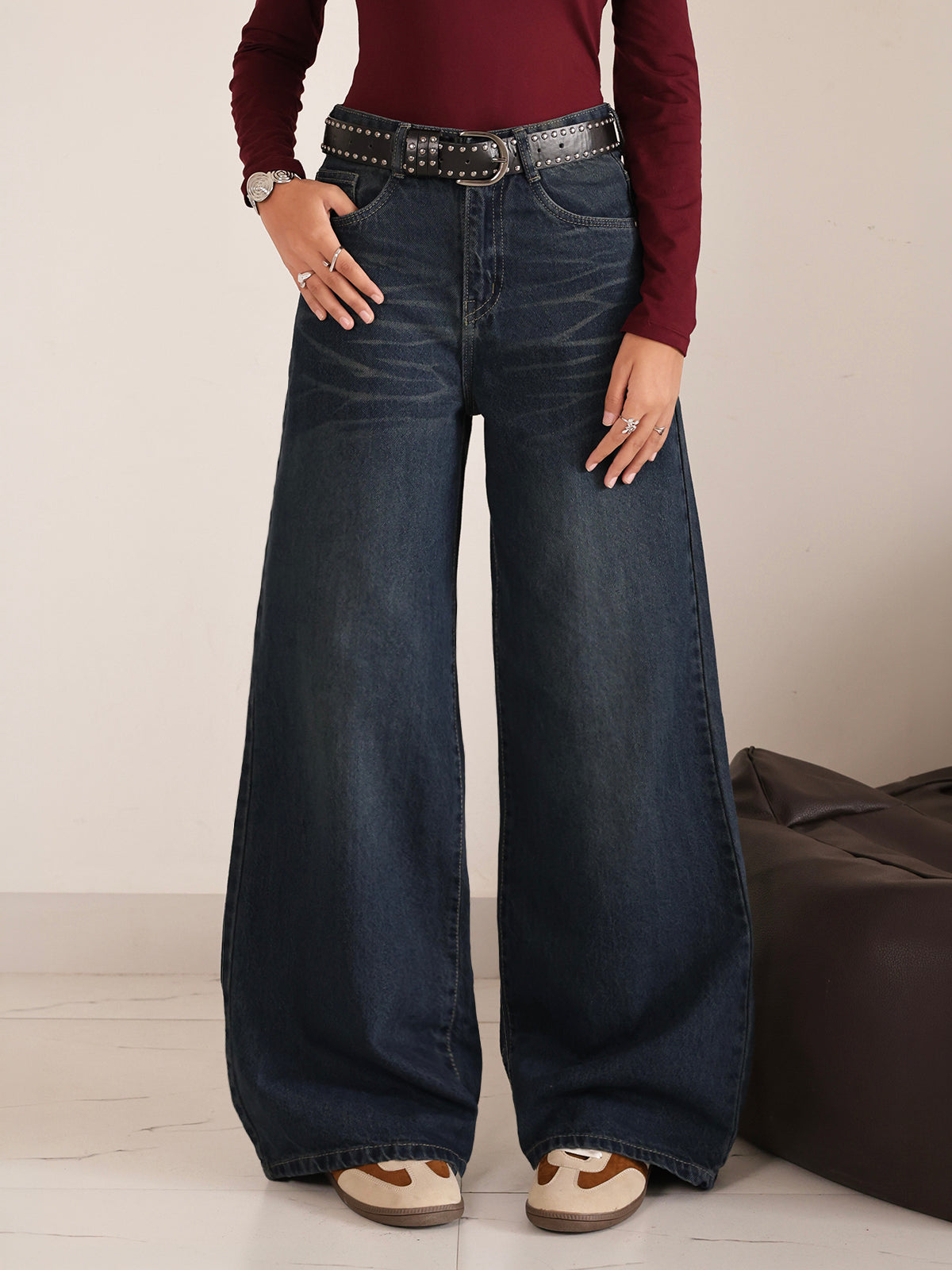 Deep Night Blue Whisker Super Wide Leg Jeans