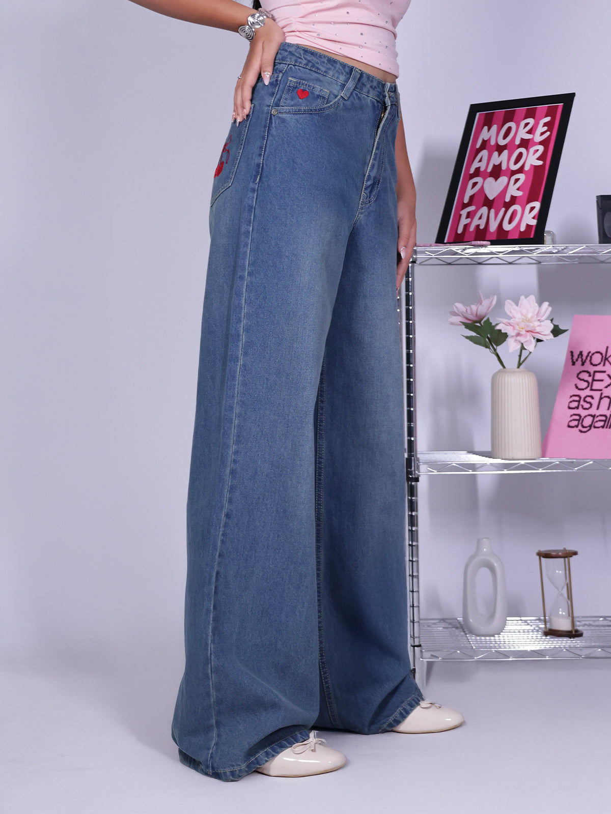 Chicago Blue Embroidered Wide Leg Jeans