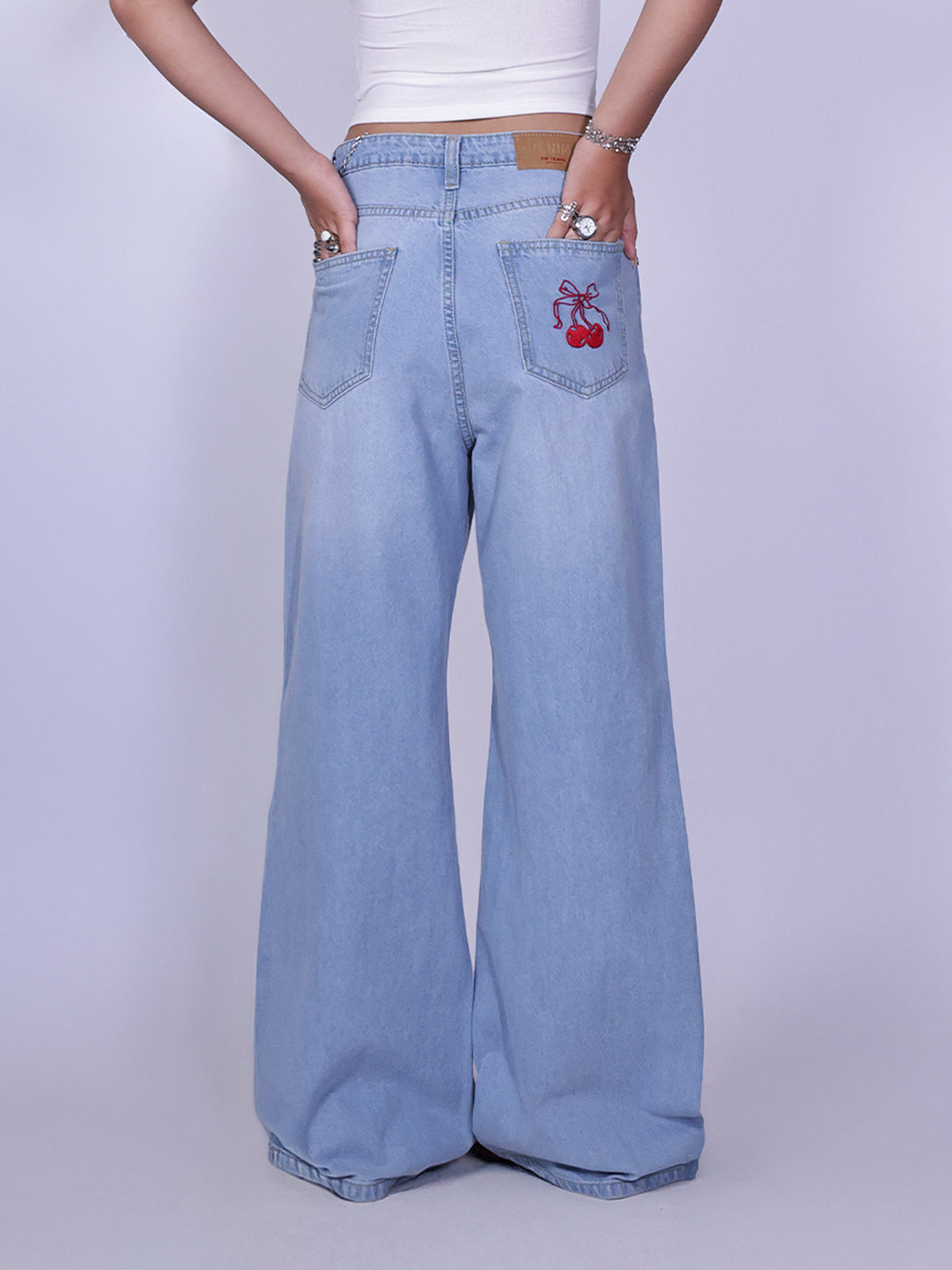 Summer Blue Embroidered Wide Leg Jeans