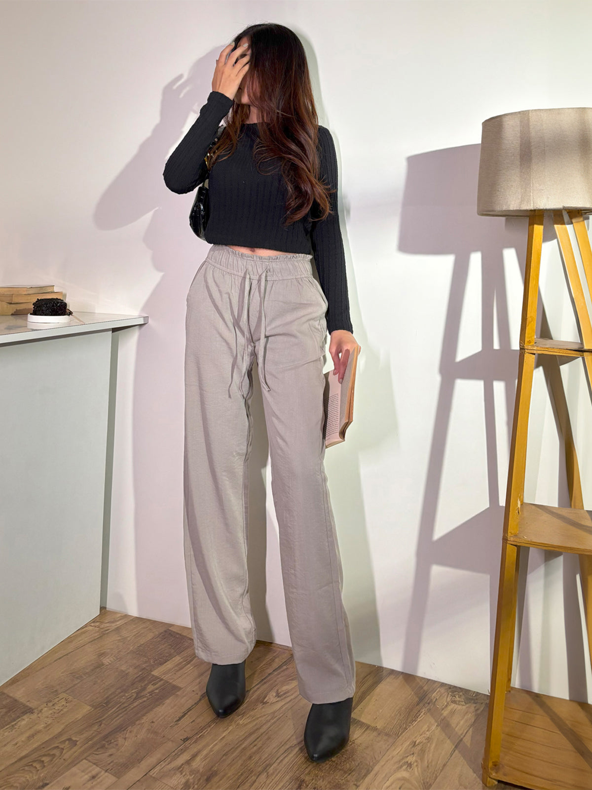 Cool Grey Linen Drawstring Wide leg Pants