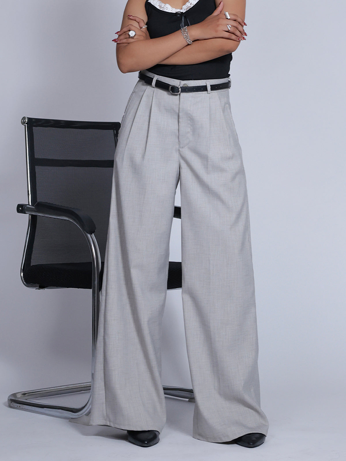 Oat Milk Belted Wide Leg Korean Pant