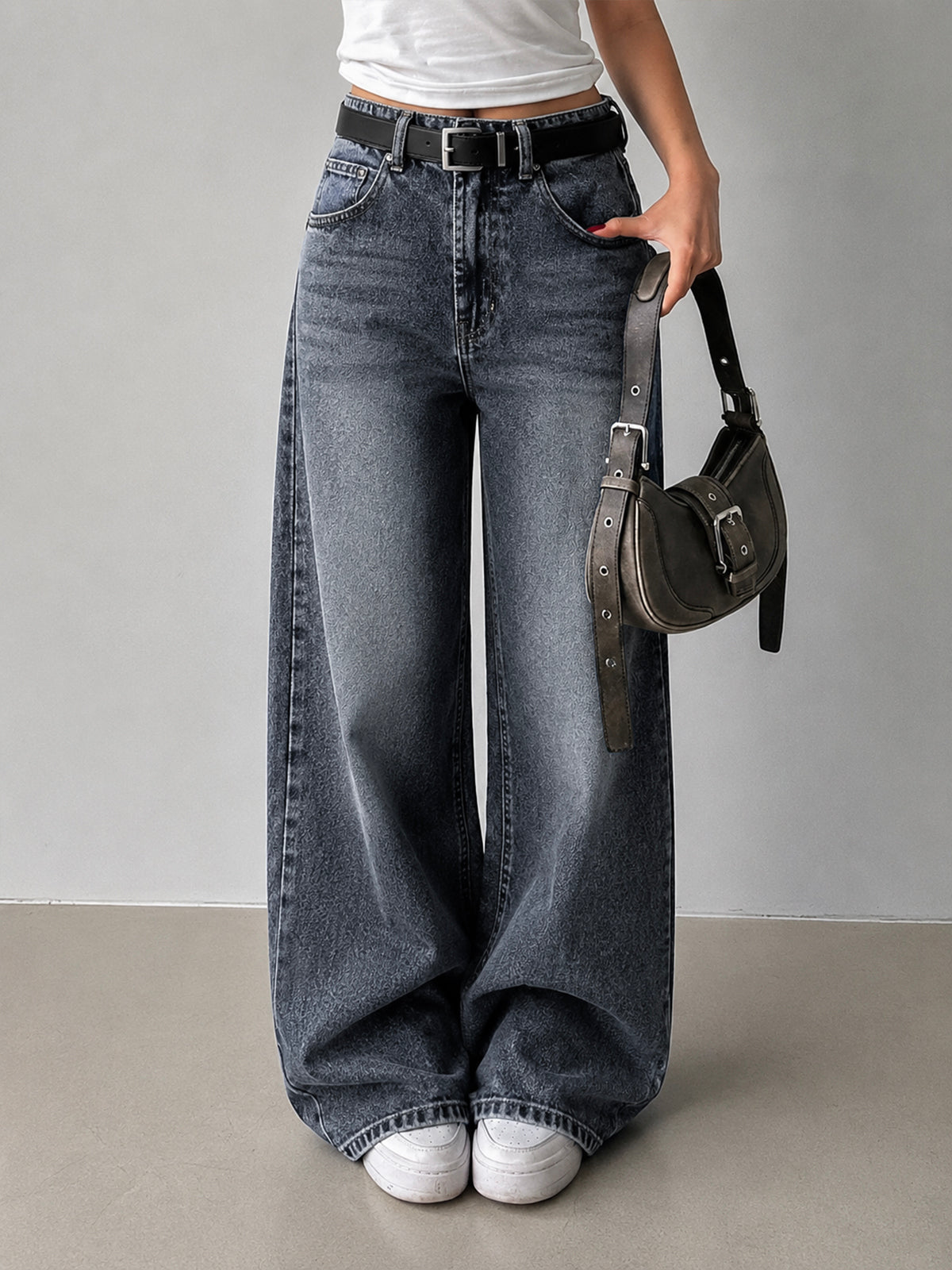 80'S Ash Grey Washed Super Wide Leg Jeans
