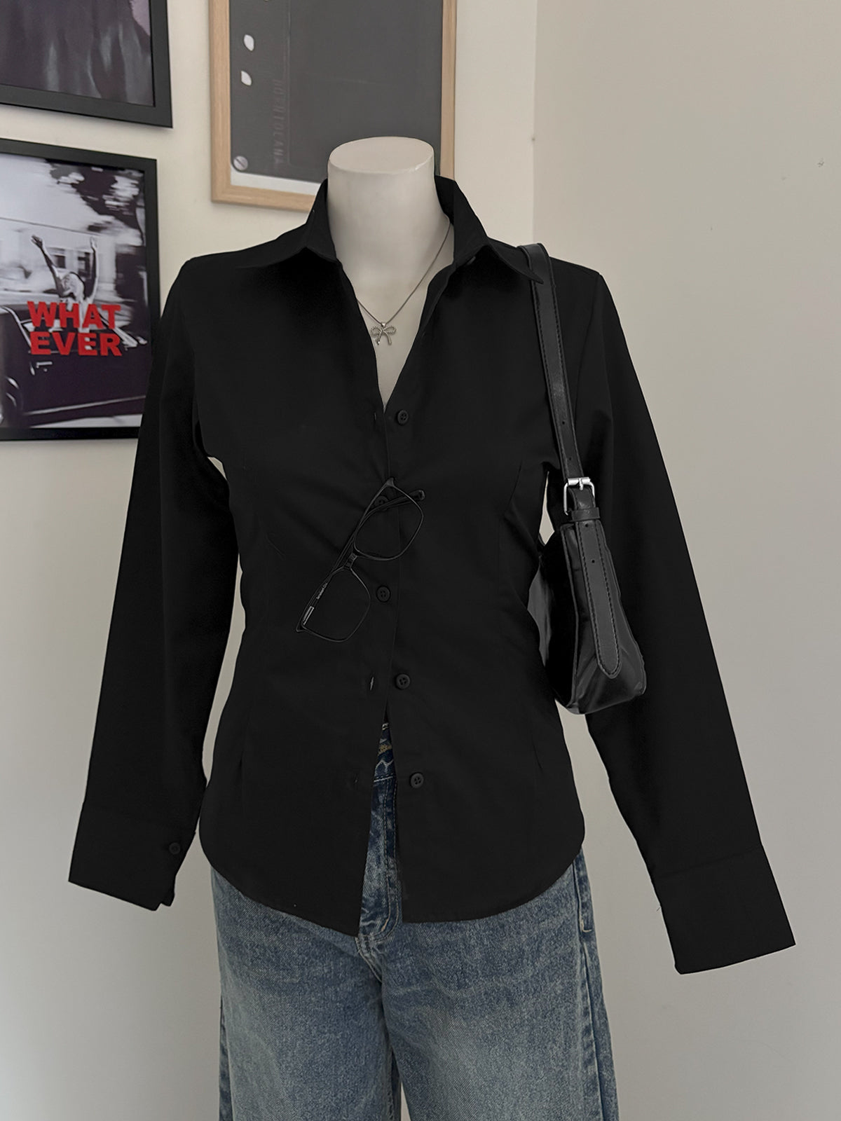 Black Long Sleeve Y2K Fitted Shirt