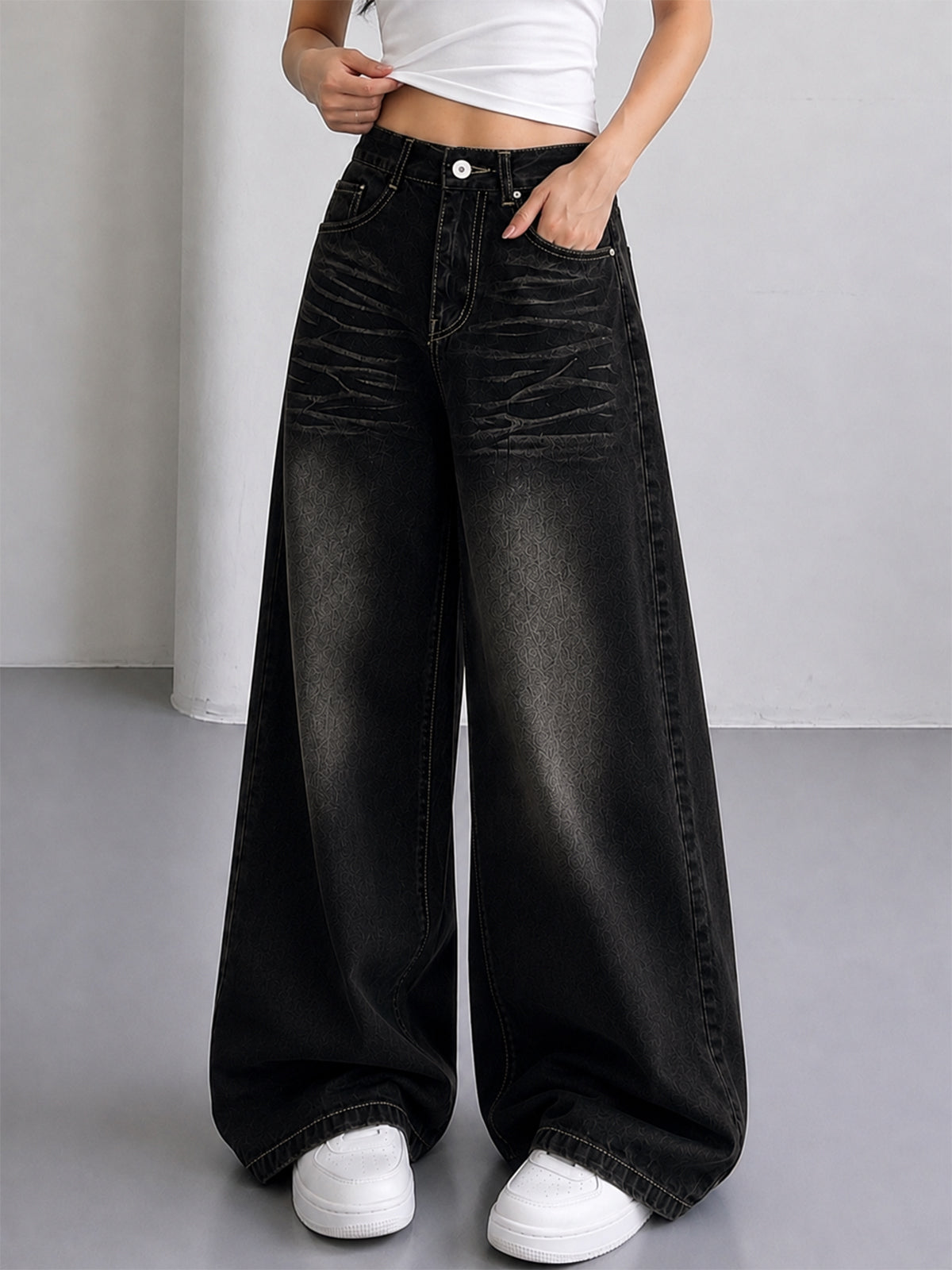 Shadow Black Whisker Super Wide Leg Jeans