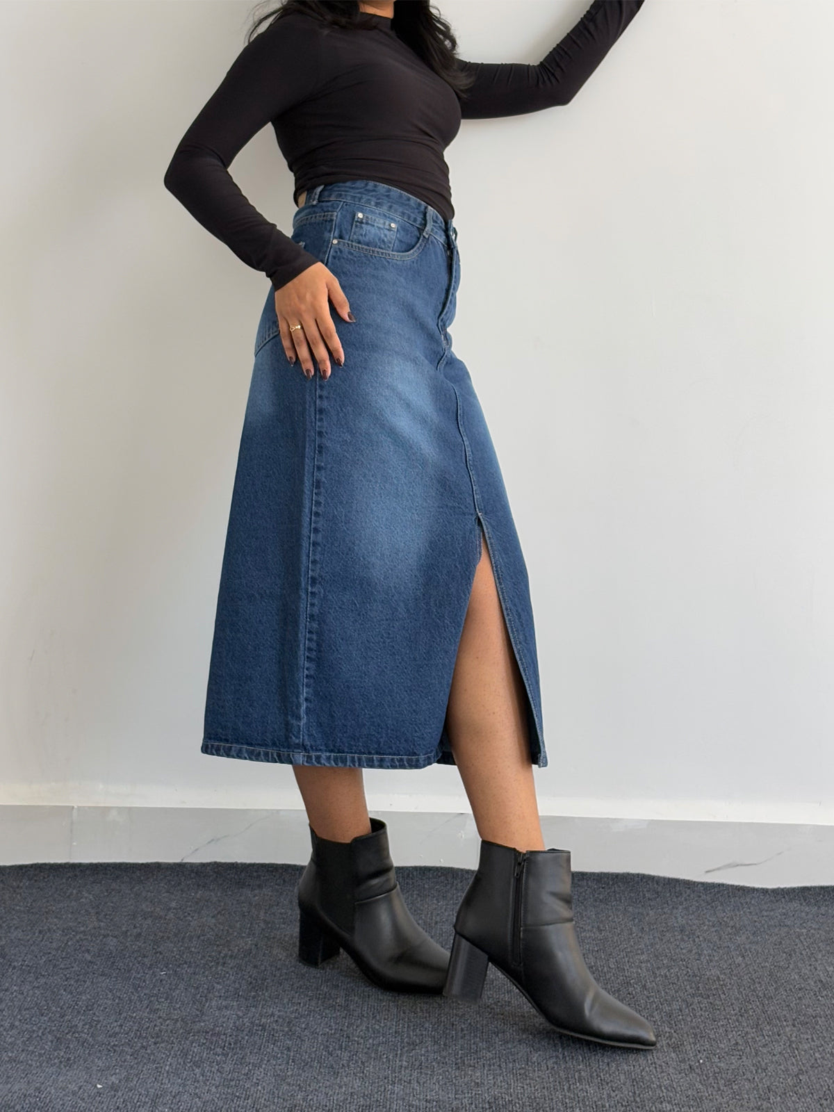 Premium Dark Blue Whisker Midi Skirt