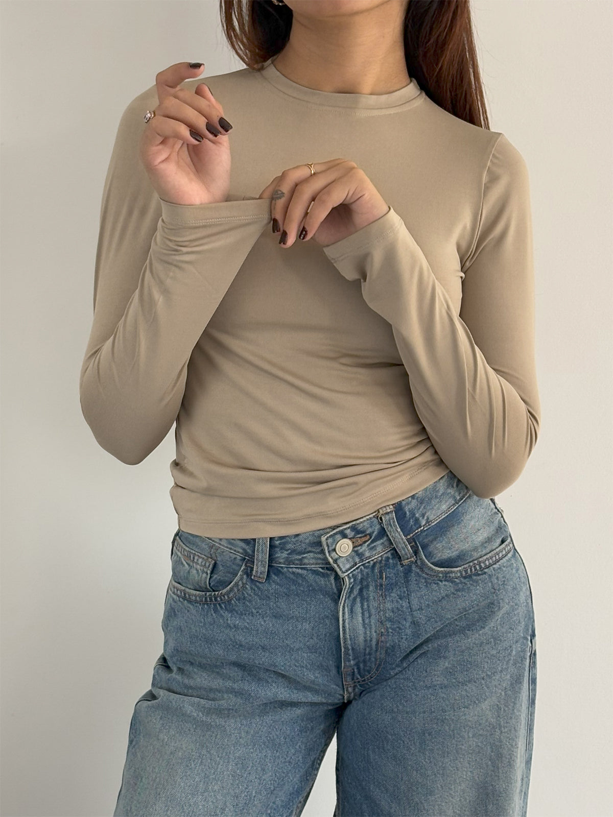 Beige Sleek Body Fitted Full Sleeves Top