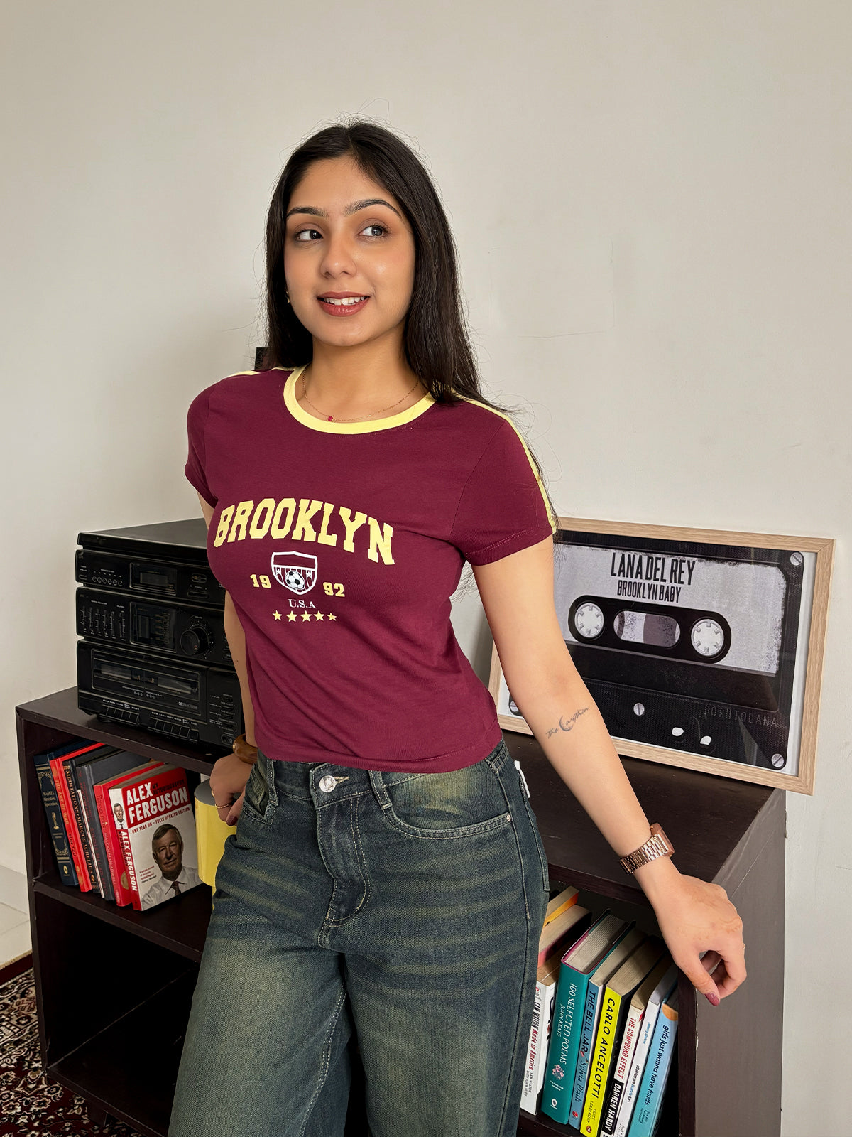 Deep Cherry Brooklyn Contrast Detail Graphic Baby Tee