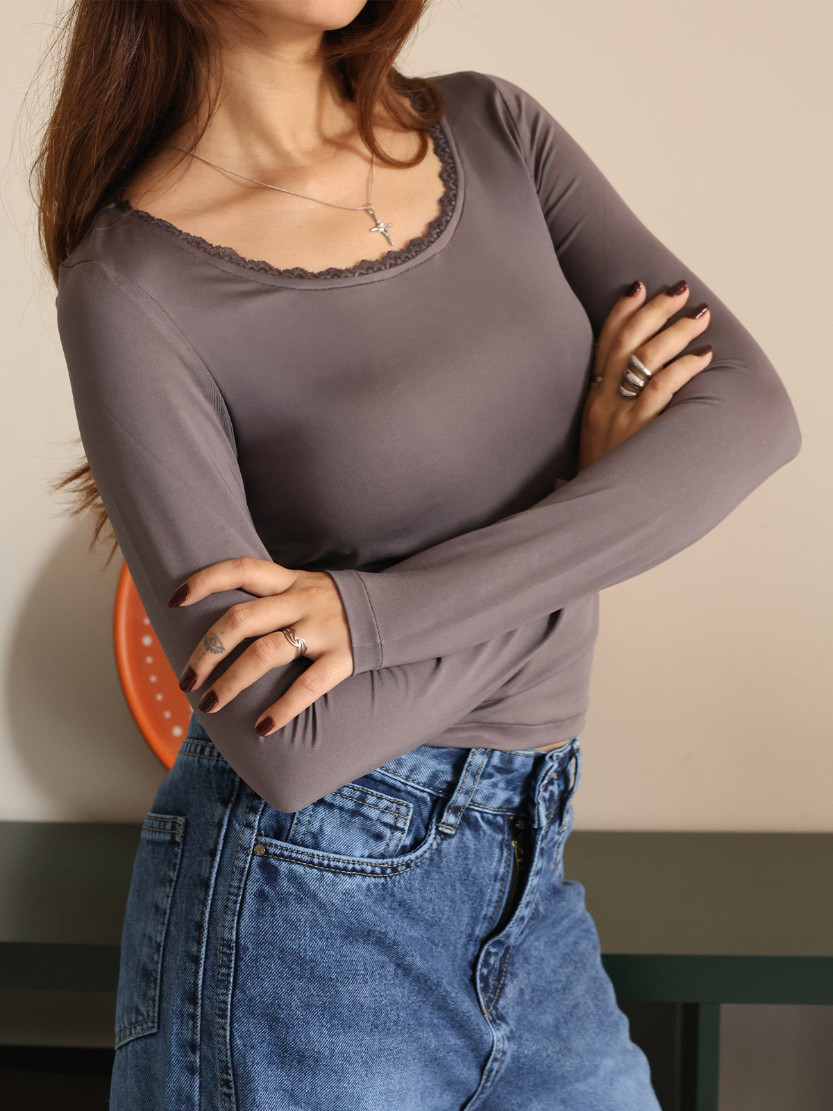 Dark Grey Scoop Neck Long Sleeve Lace Trim Slim Fit Top