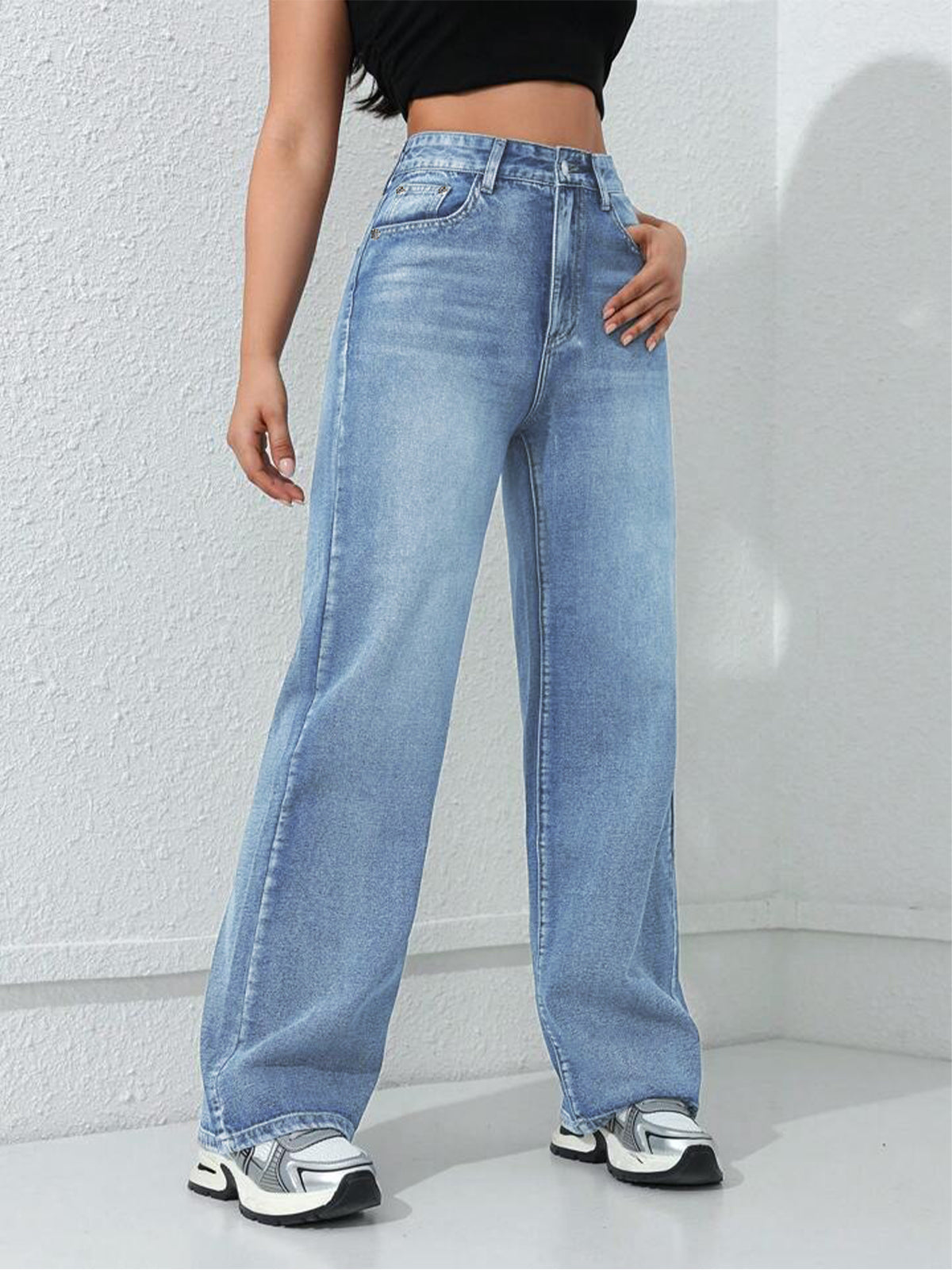Stone Blue Whisker Straight Fit  Jeans